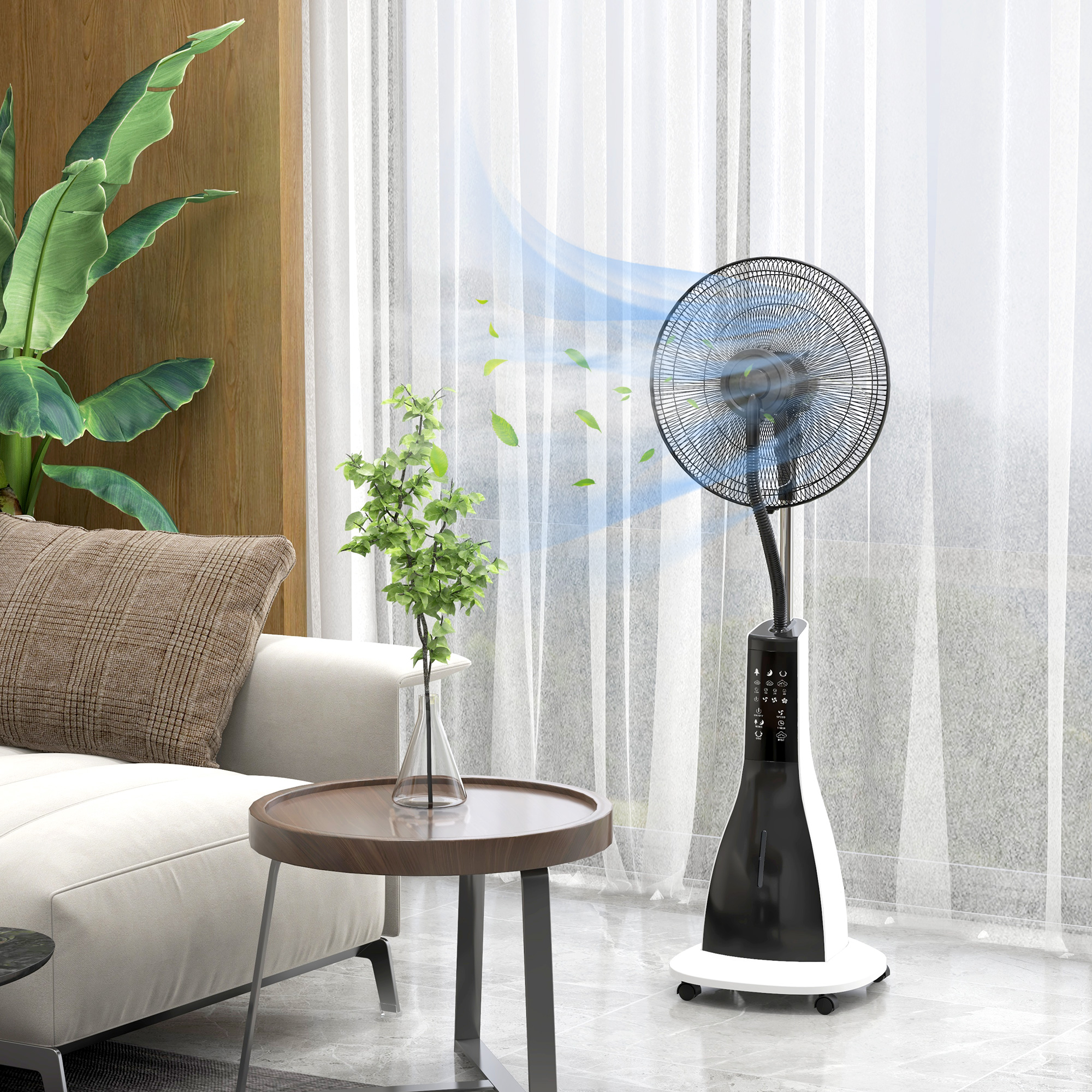 Standventilator mit Luftbefeuchtung, leise, mobil, Fernsteuerung, Schwarz/Weiß