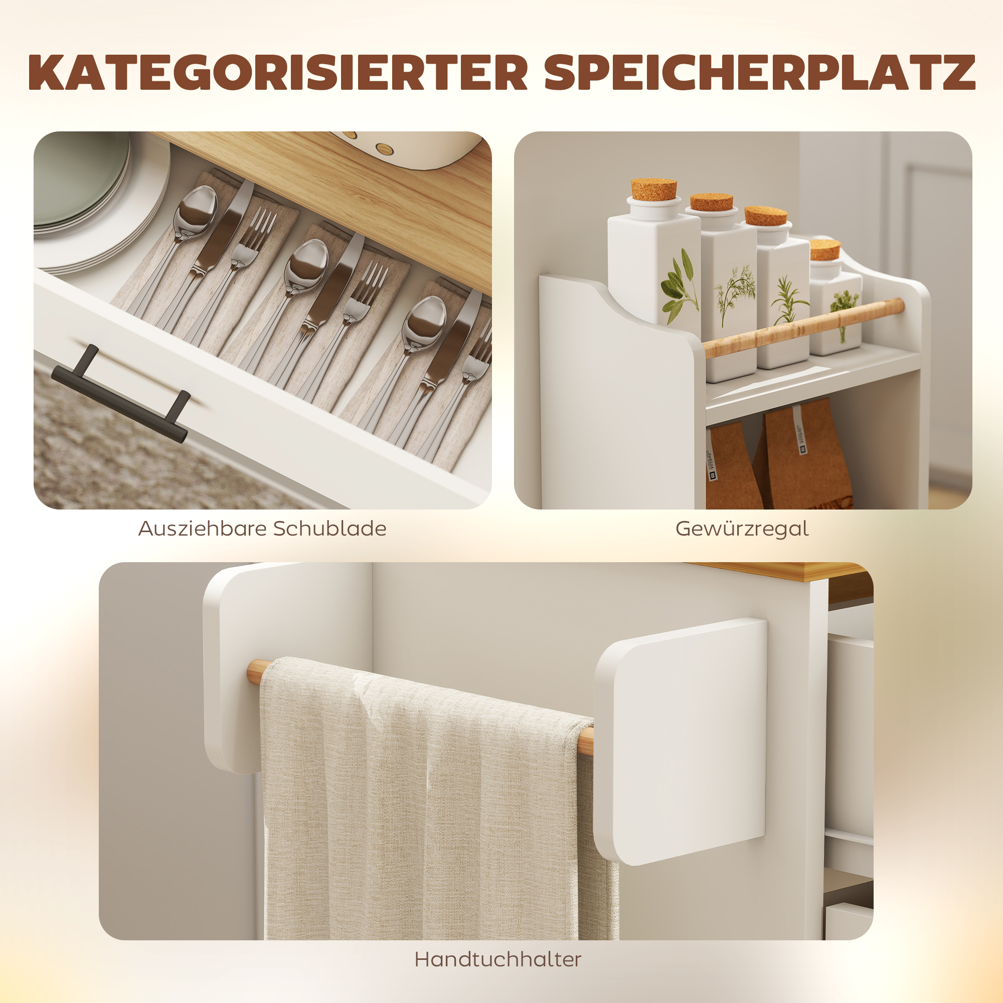 Kücheninsel, Küchenwagen auf Rollen, mit abklappbarer Arbeitsplatte, Schublade, Ablage, 120 x 68 x 85 cm, Weiß