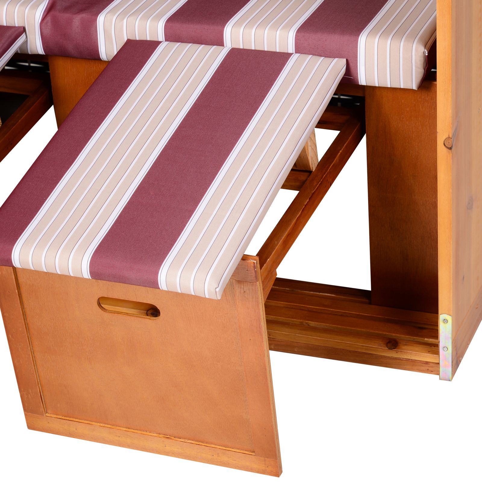 Strandkorb Ostsee Volllieger 2-Sitzer Strandkörbe aus Tannenholz, 5-stufige verstellbare Rückenlehne, Strandkorb mit Fußbänkchen Seitentische, PE Geflecht, Strandstuhl für Balkon, Rot+Weiß