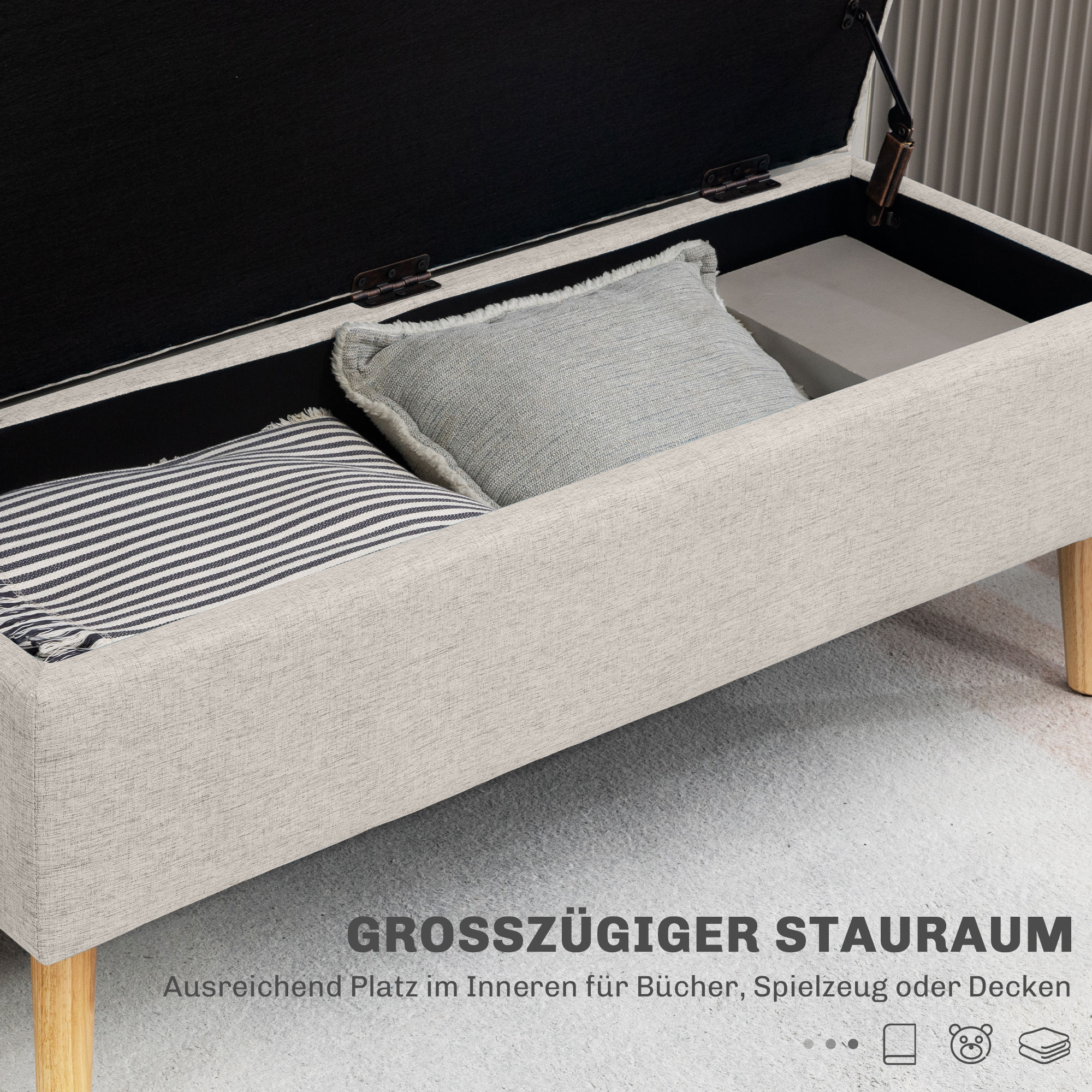 Sitzbank mit Stauraum, bis 220 kg, Leinenoptik, 110x39x45cm, Beige