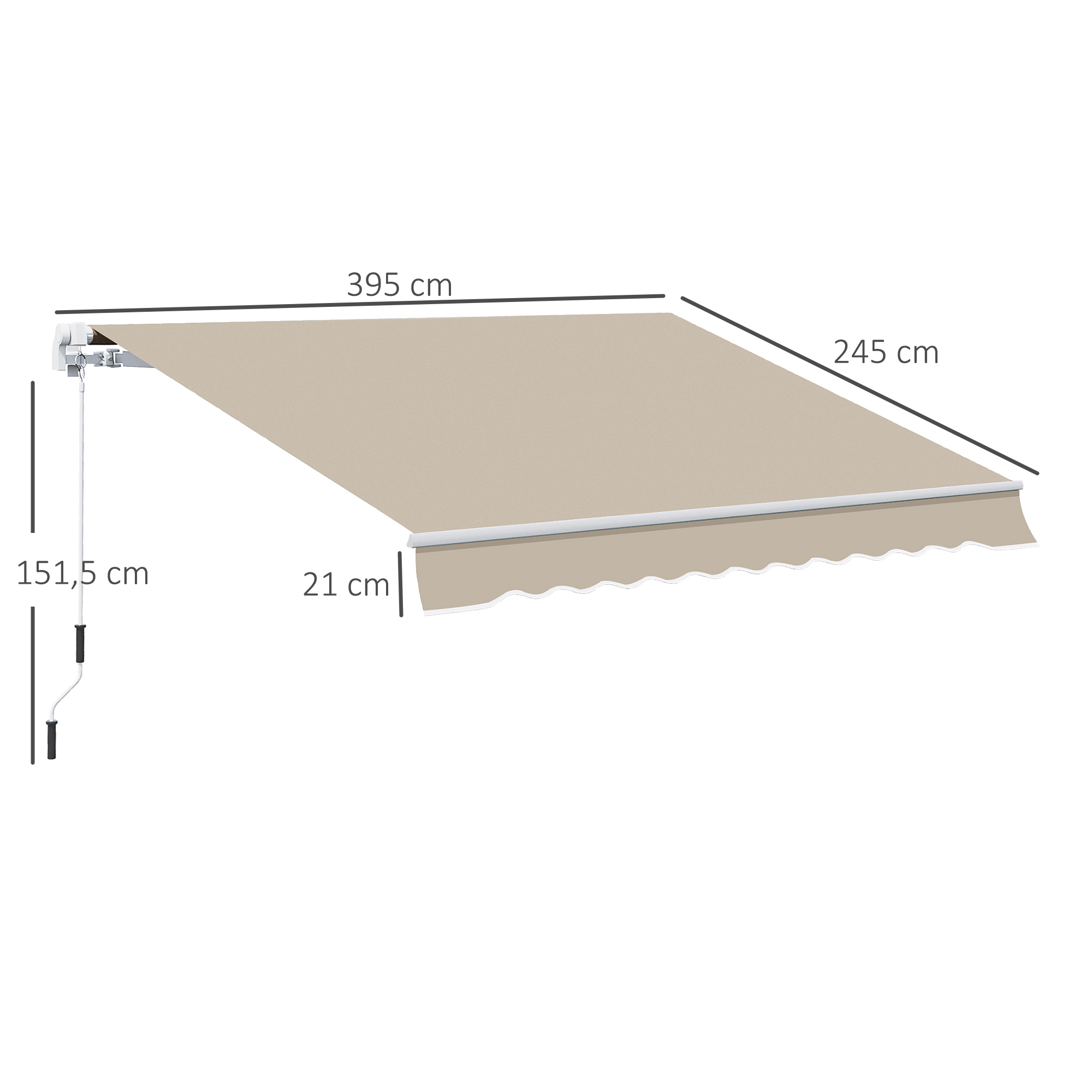 Markise, Sonnenschutz, einfahrbar, mit Handkurbel, Metallrahmen, Polyester, Weiß+Beige, 3,95 x 2,45 m