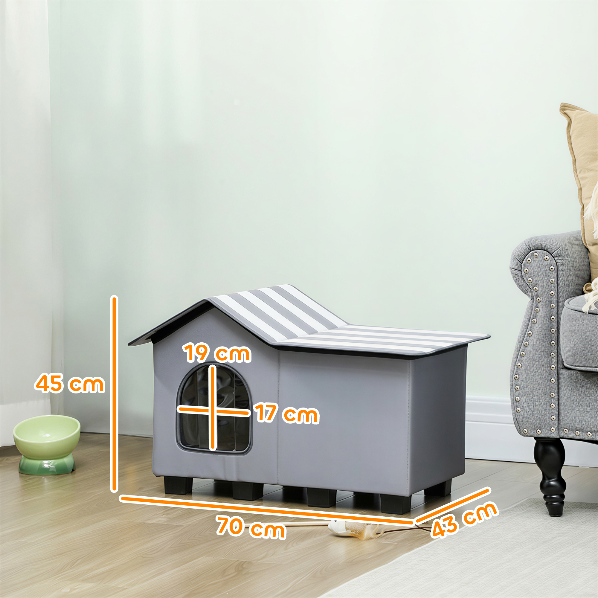 Katzenhaus Wasserabweisend Katzenhütte mit Abnehmbar Satteldach Wärmeisolierung Plattform 70x43x45 cm Oxforfstoff Grau