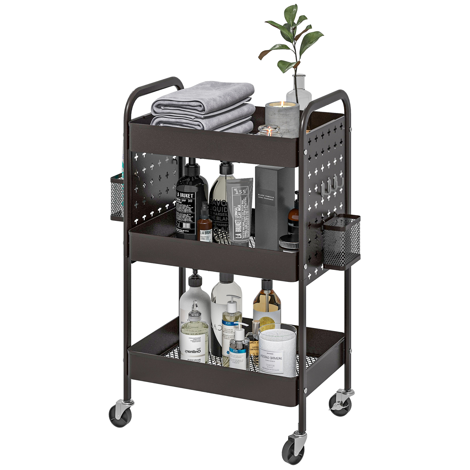 Mehrzweckwagen Rollwagen Küchenwagen, 3 Regale, 4 Rollen, 53,5 cm x 30,5 cm x 75 cm, Schwarz Mehrzweckwagen Rollwagen Küchenwagen, 3 Regale, 4 Rollen, 53,5 cm x 30,5 cm x 75 cm, Schwarz