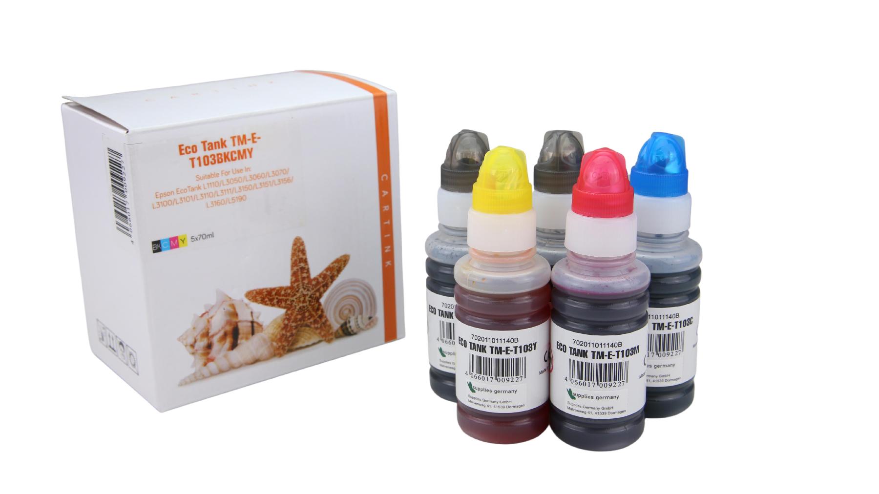 Multipack T103 alternativ Eco Tank Nachfüllflasche für Epson / C13T00S14A44A / 2x BK CMY / 70ml Multipack T103 alternativ Eco Tank Nachfüllflasche für Epson / C13T00S14A44A / 2x BK CMY / 70ml