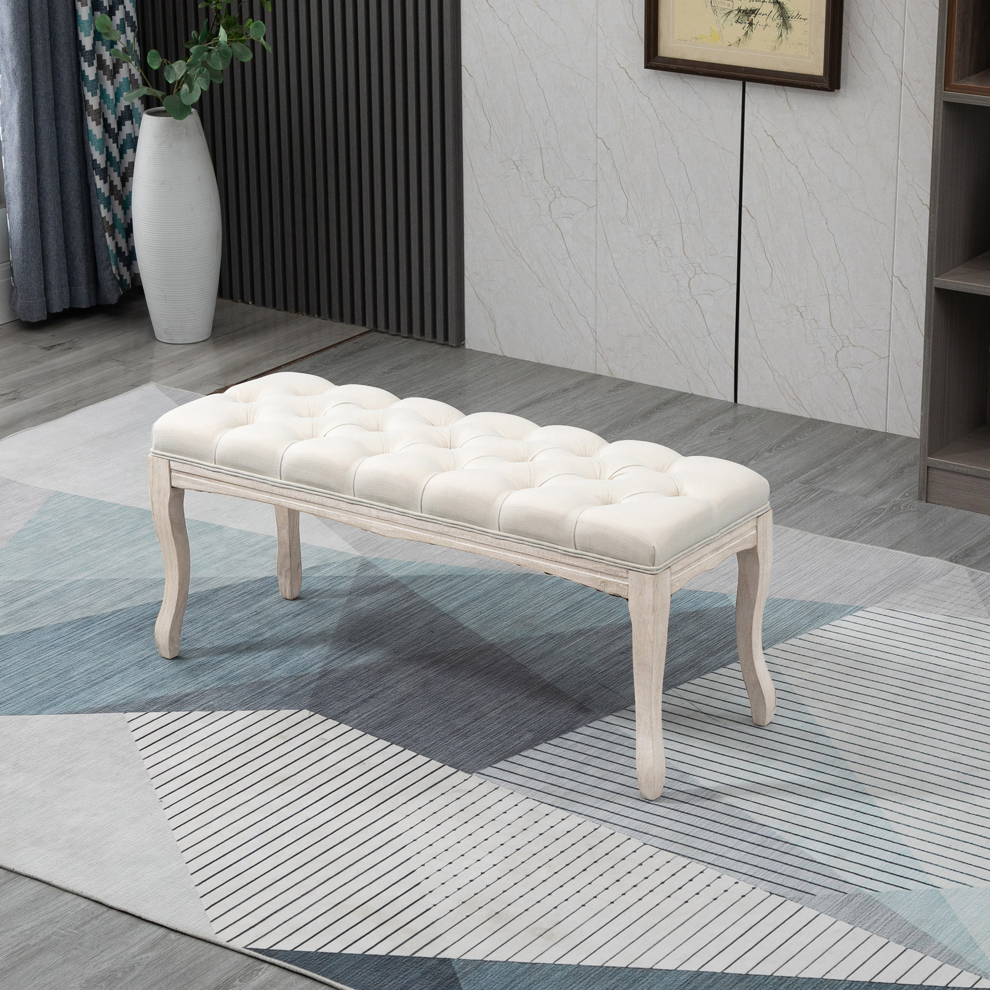 Sitzbank Polsterbank mit Leinen-Bezug Bettbank mit Holzrahmen, Schuhbank für Schlafzimmer, Wohnzimmer, Flur 110 x 40 x 48 cm Beige