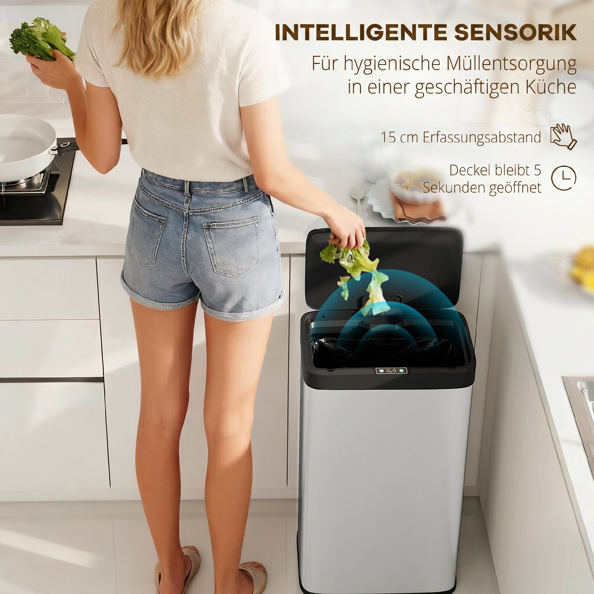 Sensor-Mülleimer, 45L Küchenmülleimer mit Soft-Close-Deckel, Bewegungssensor für Küche, Schlafzimmer, Büro, Silber