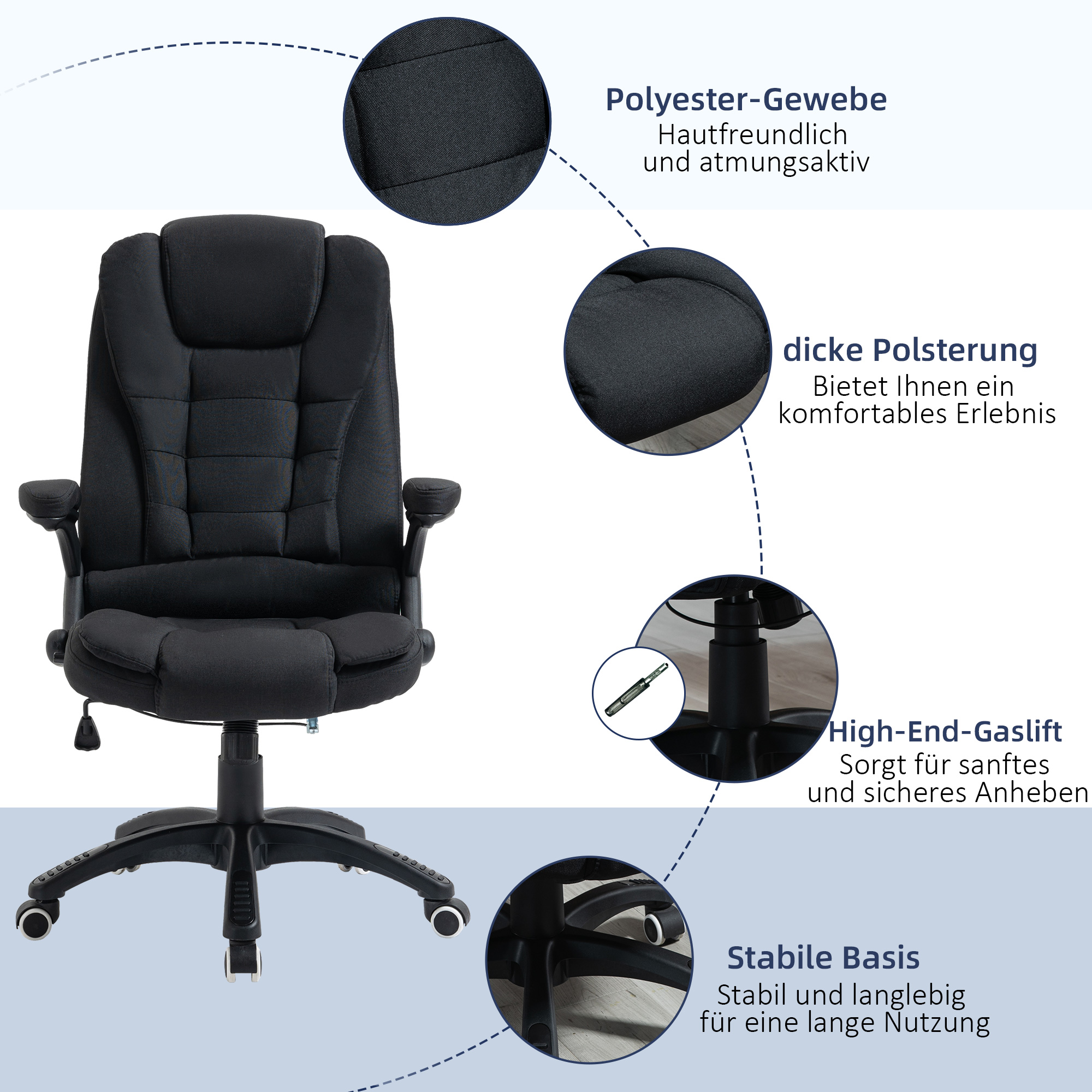 Bürostuhl Computerstuhl entspanntes Hinlegen höhenverstellbarer Schreibtischstuhl  ergonomisch 360° Schaumstoff Kunststoff-Kunststoff leinenartiges Polyester Schwarz 65 x 72 x 100-120 cm