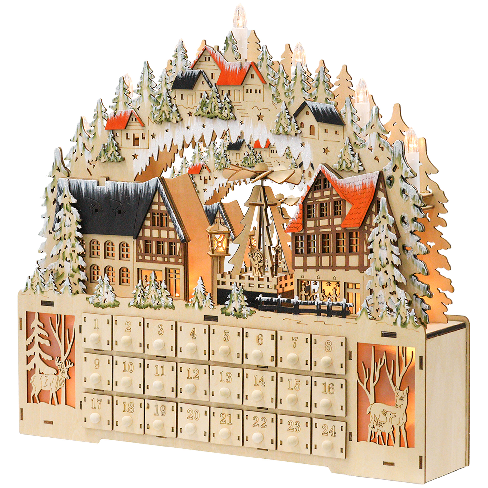 Adventskalender, Weihnachtsdorf, 18 LEDs, 24 Schubladen, wiederverwendbar, 45 x 9 x 42,5 cm Adventskalender, Weihnachtsdorf, 18 LEDs, 24 Schubladen, wiederverwendbar, 45 x 9 x 42,5 cm