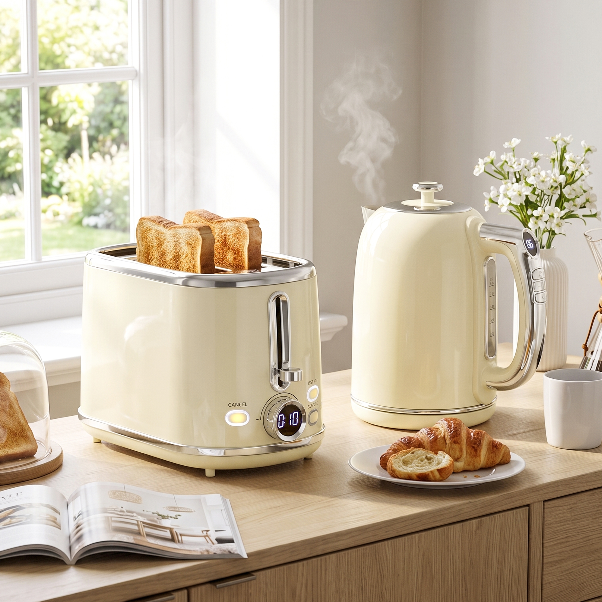 Wasserkocher- und Toaster-Set mit LED-Display, 1,7-L-Wasserkocher mit 3 Std. Warmhaltefunktion, Creme