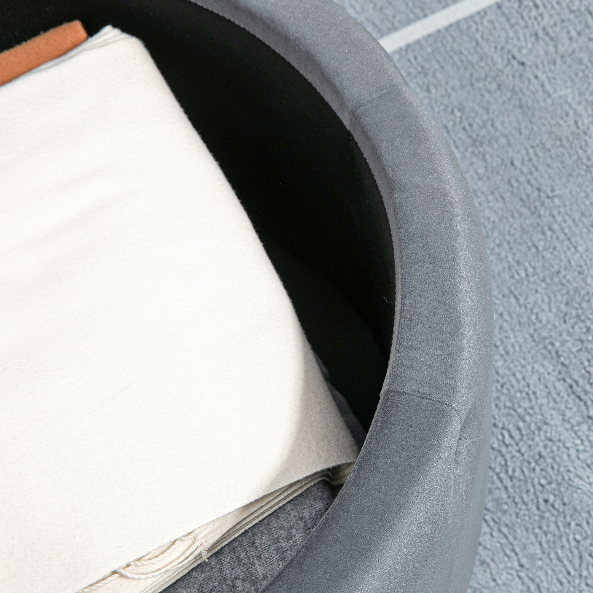 Hocker, rund, mit Staufach, Steppdesign mit Knöpfen, Bezug in Samtoptik, grau, 60 x 60 x 40cm