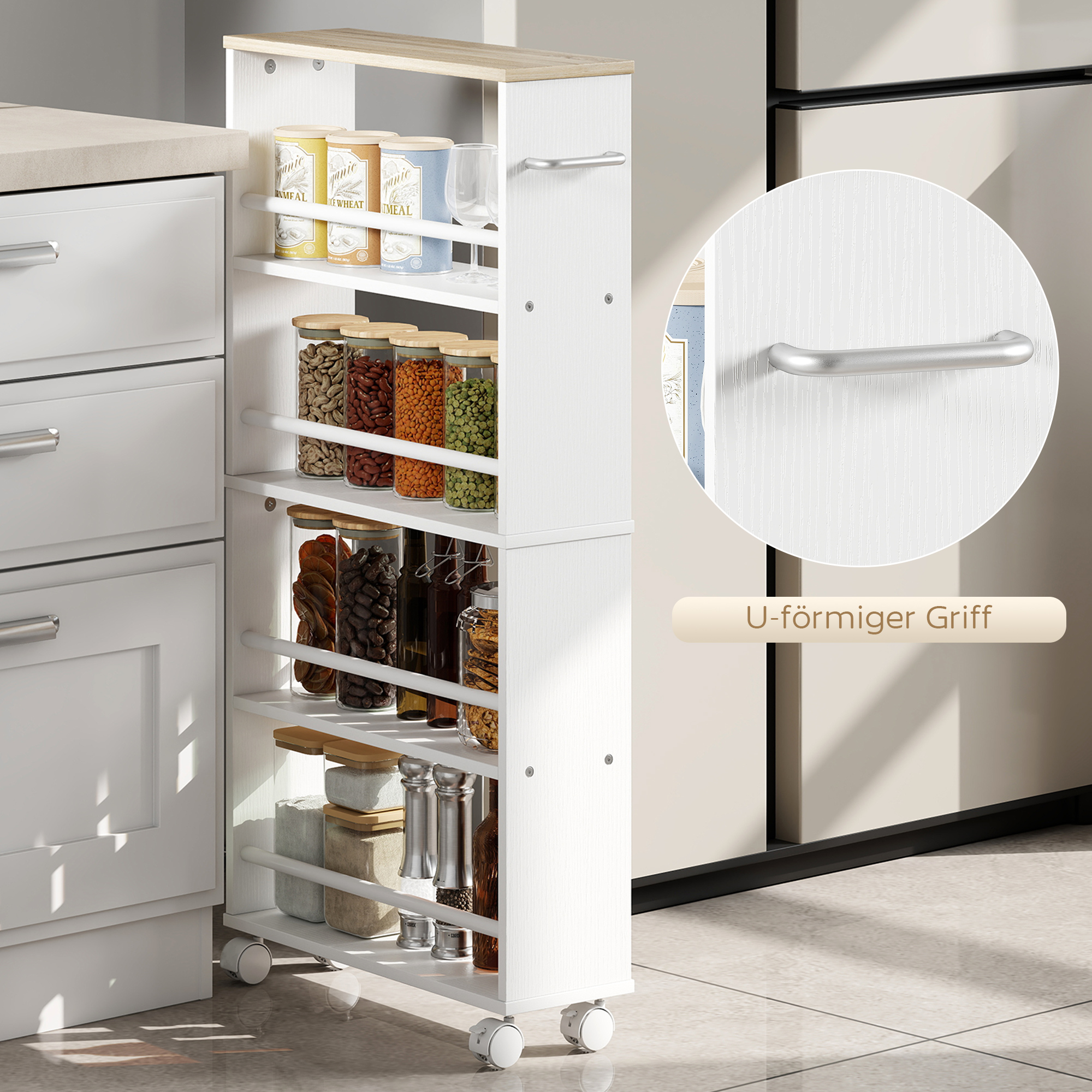 Multifunktionsregal mit Rollen, schmale Bauweise, 4 Fächer, 45x15x91 cm, Natur