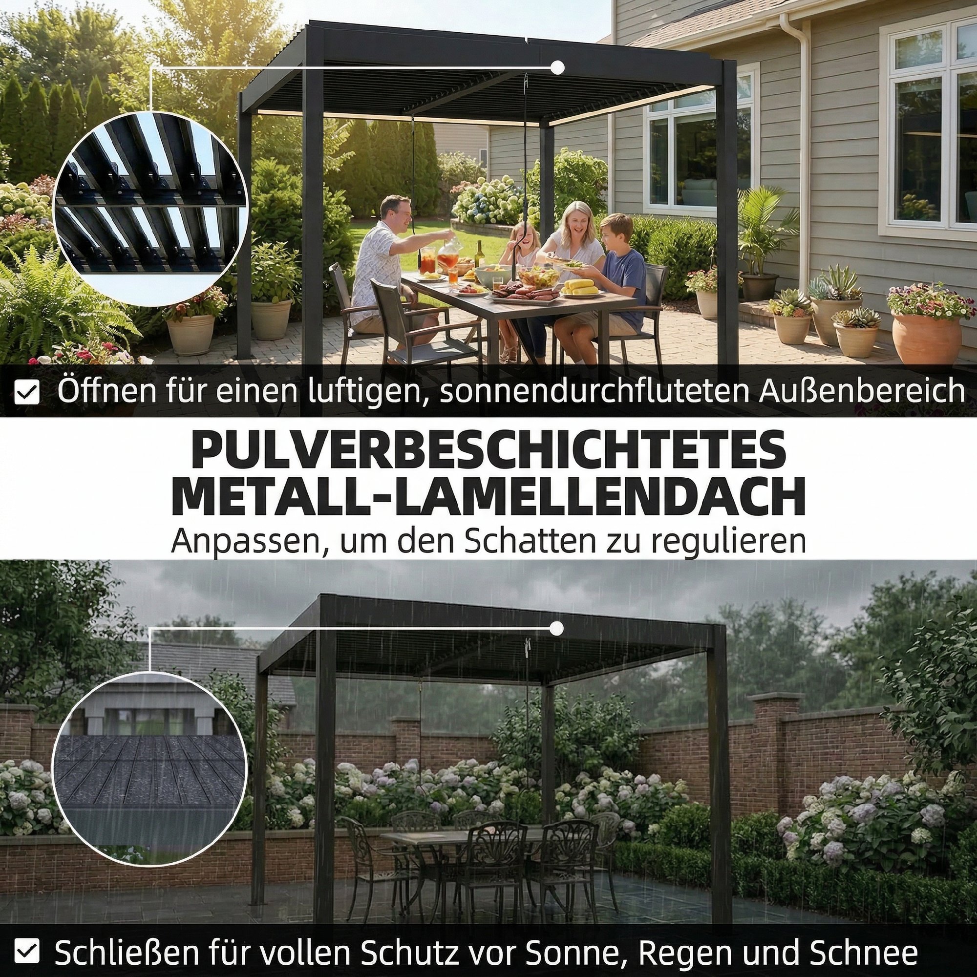 Pergola 3x3 m Aluminium Terrassenüberdachung mit LED-Beleuchtung Fernbedienung verstellbar Lamellendach