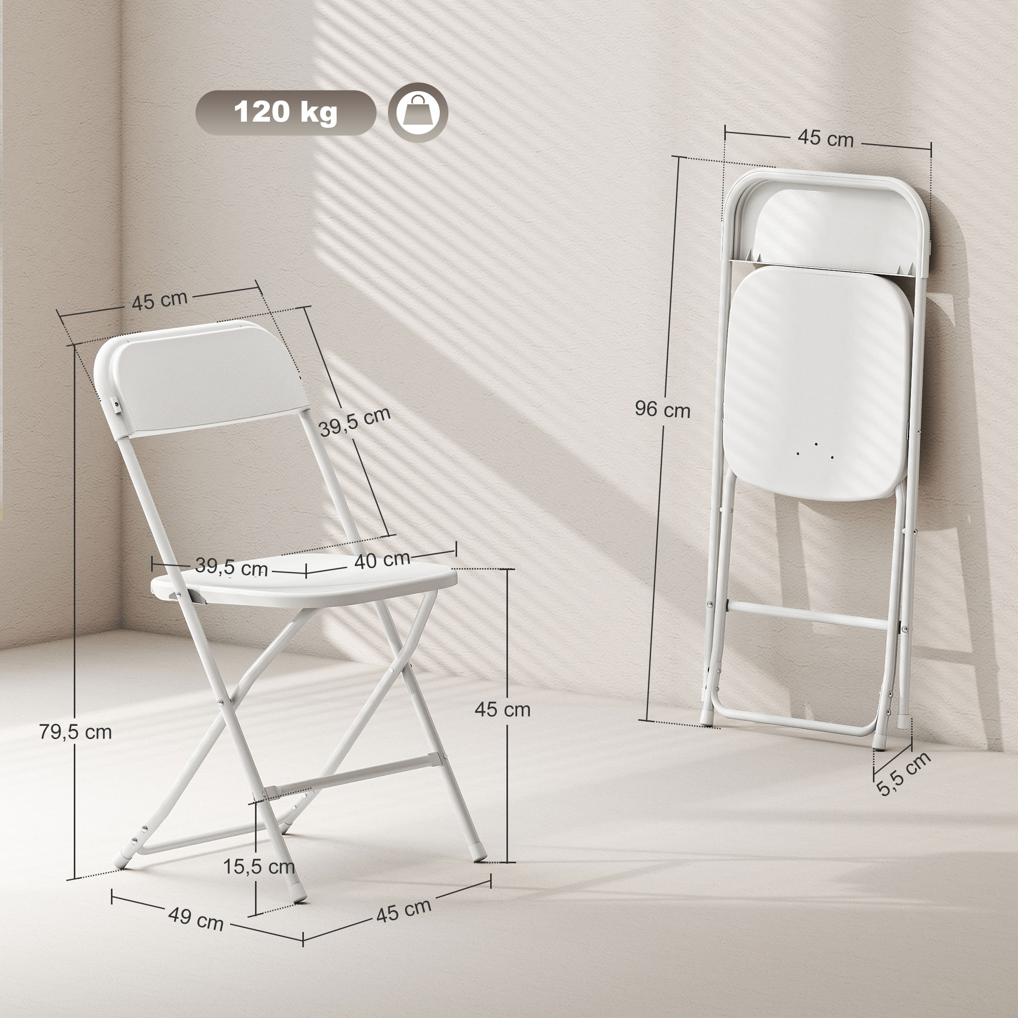 6er-Set Klappstühle, faltbare Stühle mit Ablauflöchern, Stahlrahmen, vielseitig einsetzbar, Weiß