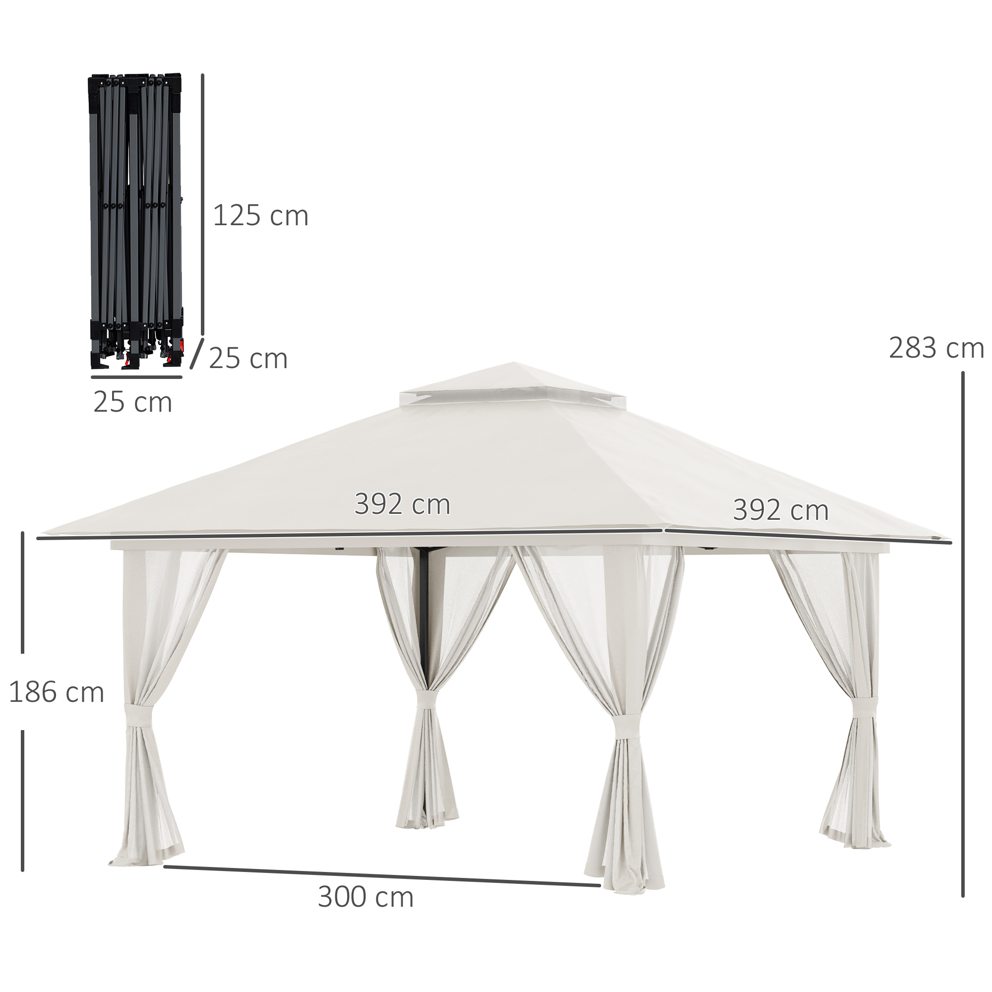 Faltpavillon, höhenverstellbar, 4 Netzwände, Lüftungsdach, Tragetasche, Schnellaufbau, 4 x 4 x 3 m, Cremeweiß