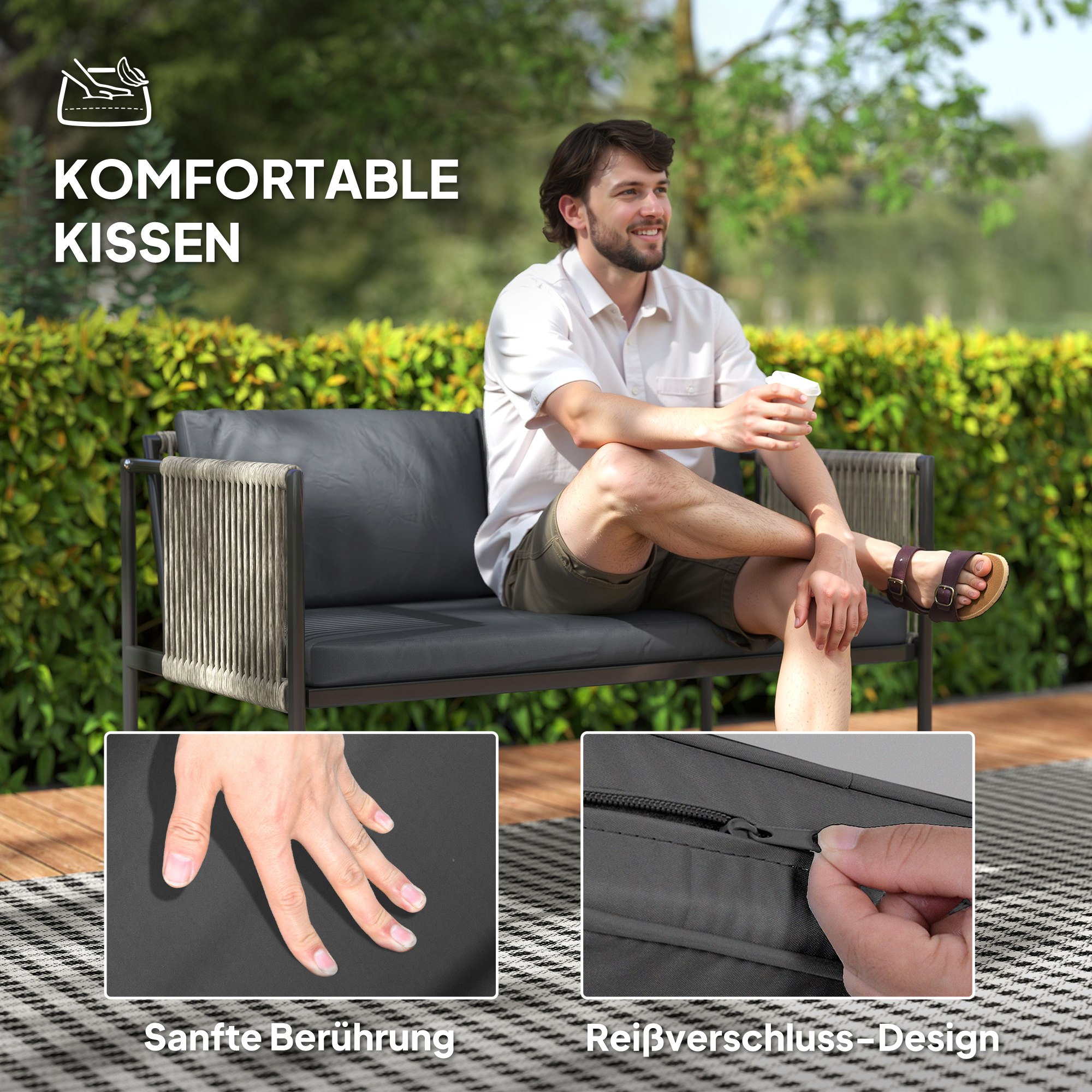 4-teiliges Gartenmöbel-Set, 1 Sofa, 2 Sessel, 1 Tisch mit Glasplatte, Kissen, Stahlrahmen, Kunststoff-Rattan, Grau