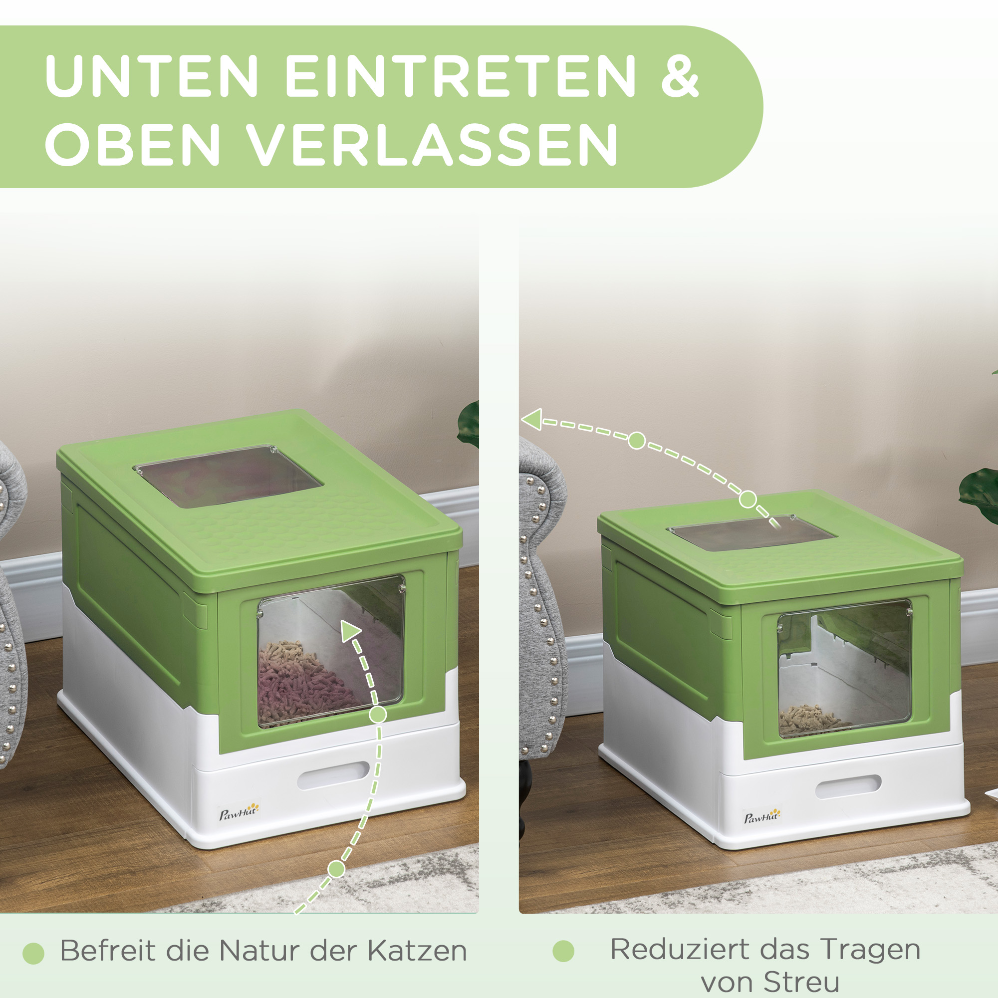 Katzentoilette, klappbar, 2 Türen, Streuschaufel, 47,5x35,5x36,7cm, Weiß/Grün