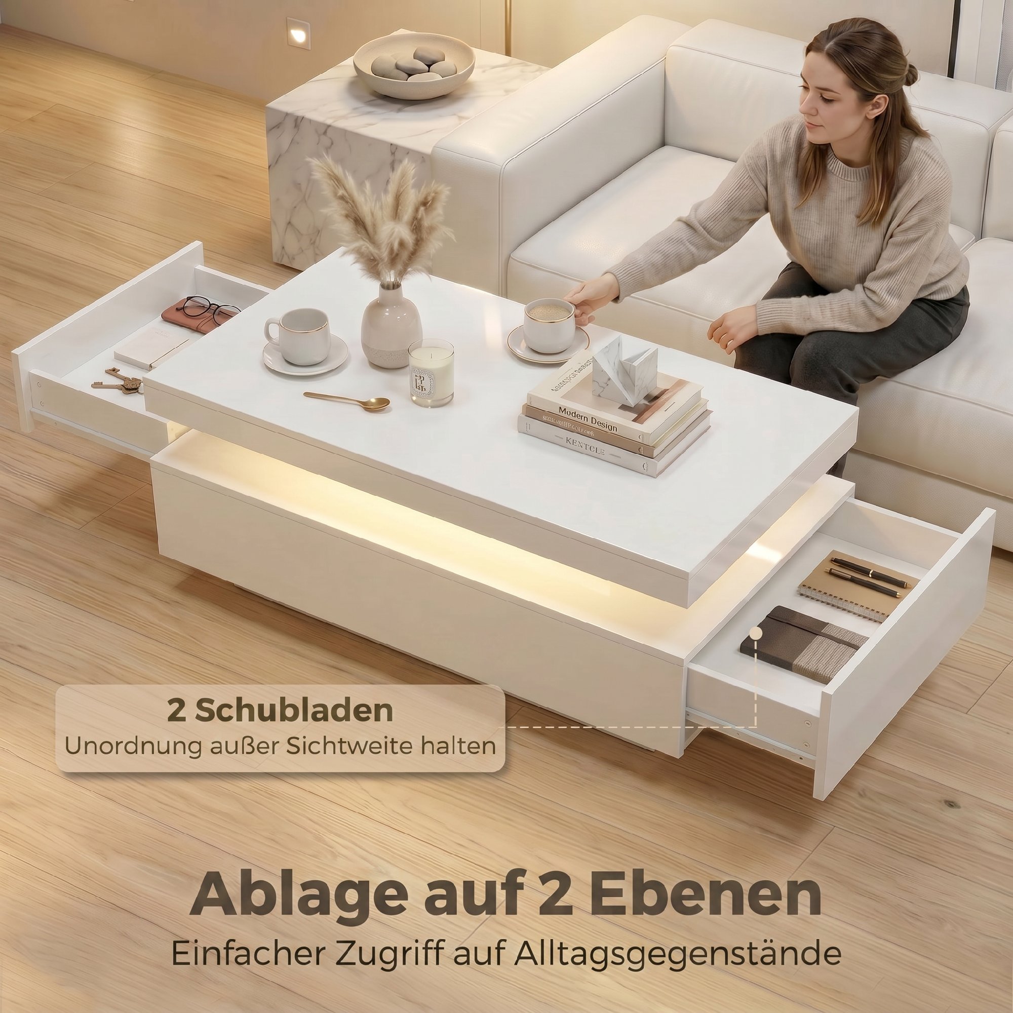 LED Couchtisch mit Stauraum, Moderner 2-Ebenen Wohnzimmertisch mit 2 Schubladen, Hochglanz Weiß