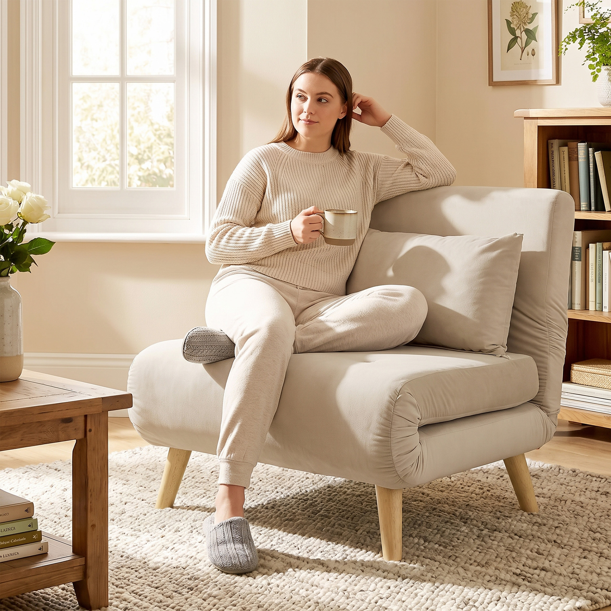 3-in-1 Schlafsessel, Klappsessel mit Schlaffunktion, verstellbare Click-Clack-Rückenlehne, Beige
