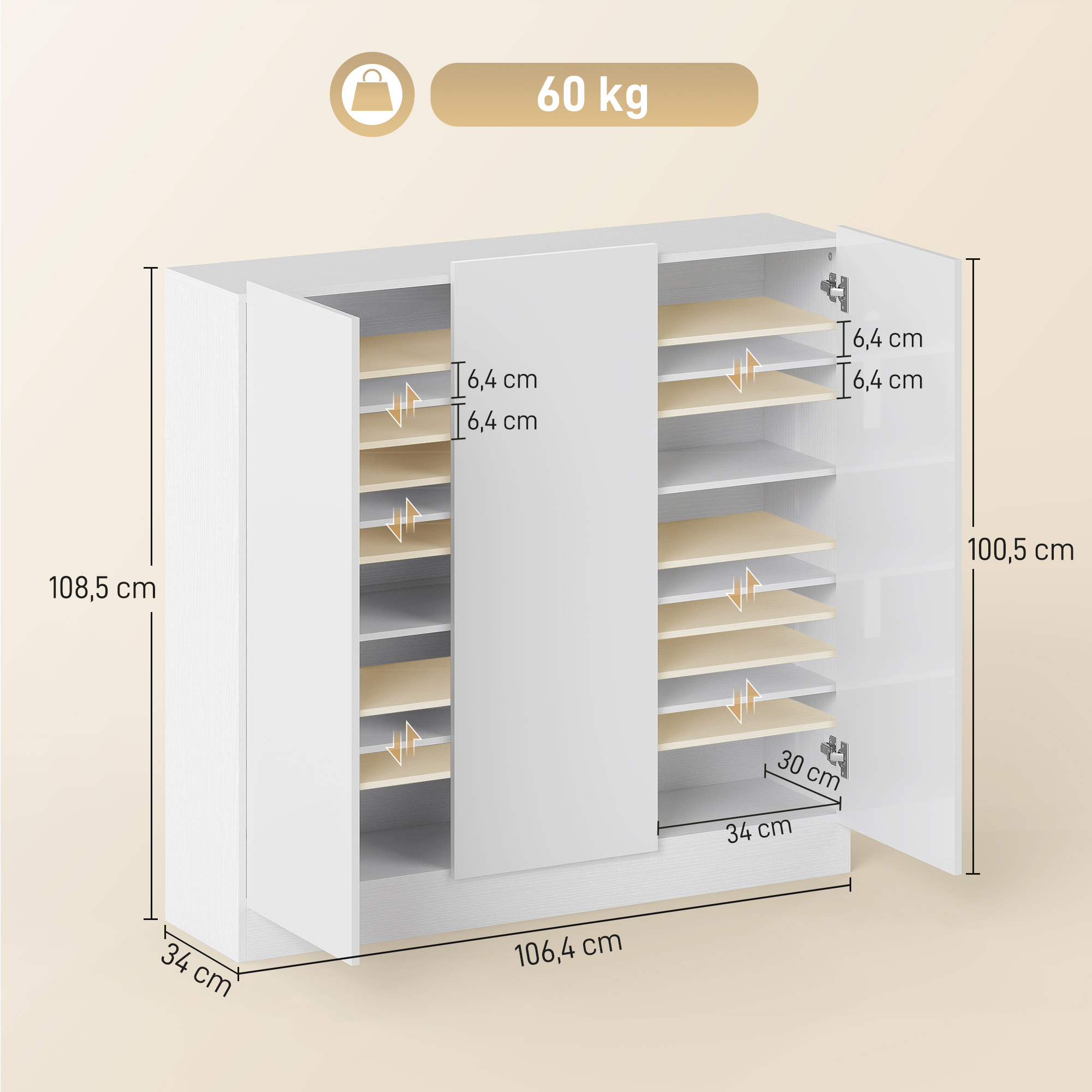 Schuhschrank mit 10 Regalen für 25-30 Schuh-Paare, Lüftungslöcher, Soft-Close-Türen, Holz, Weiß