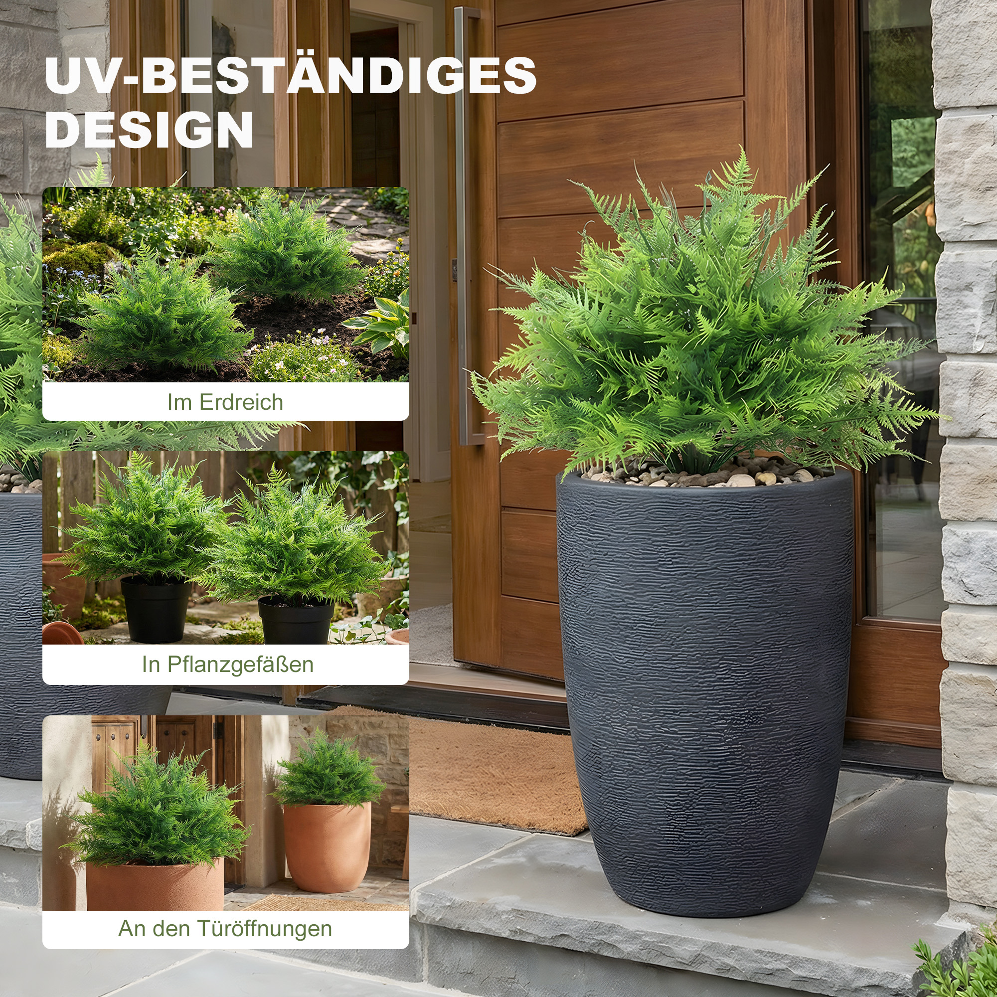 Künstliche Boston-Farn-Büsche UV-beständig, Kunstpflanzen mit Stäben, Set aus 2, 60 cm für Garten, Veranda