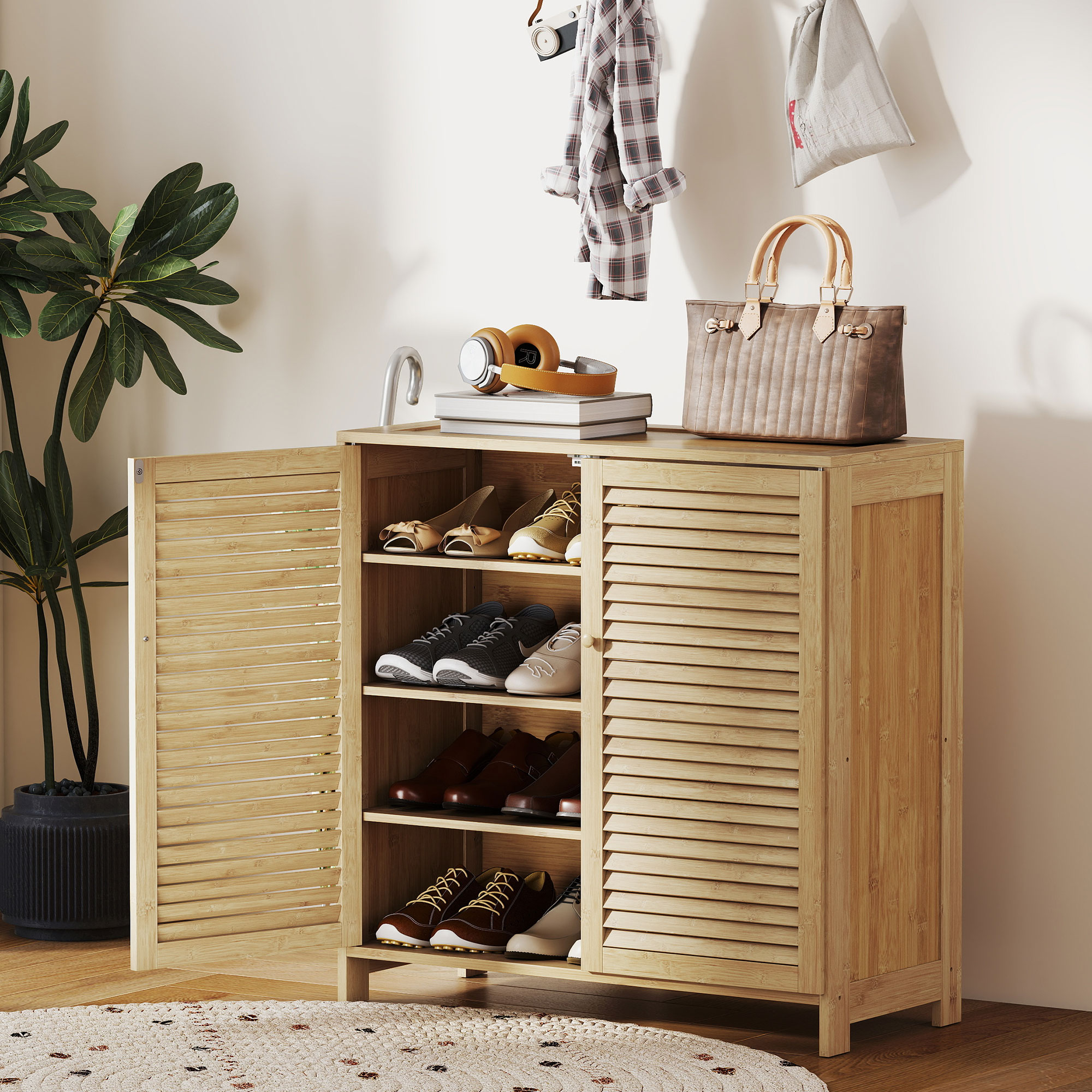 schmaler Schuhschrank, Rattan, schmal, hoch, Holz, kleine Schublade, dünn