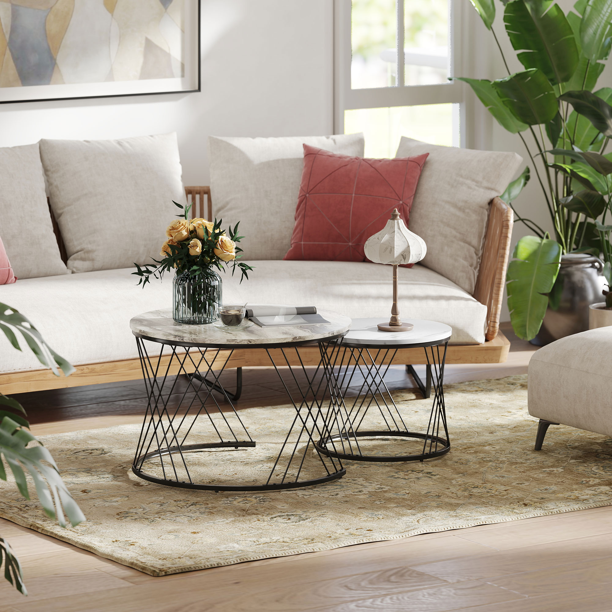 Couchtische im 2er-Set, Marmoroptik, Spanplatte, Metall, runde Kaffeetische für Wohnzimmer, ineinanderstellbar Grau+Weiß