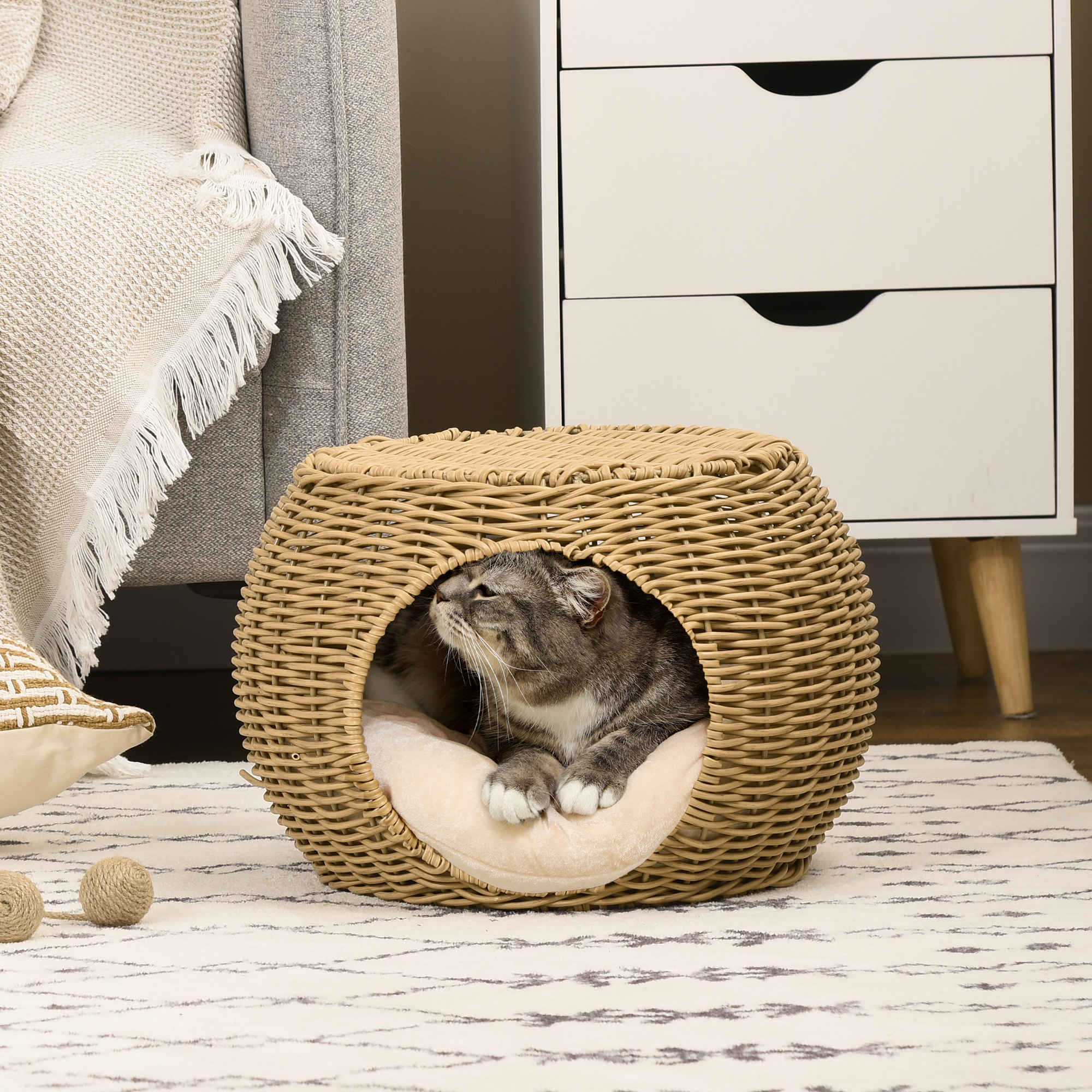 Katzenkorb Rattan zweistöckig Katzenbett Katzenkörbchen mit Kissen Vordertür  für Katze unter 3,5 kg Ø40 x 30 cm