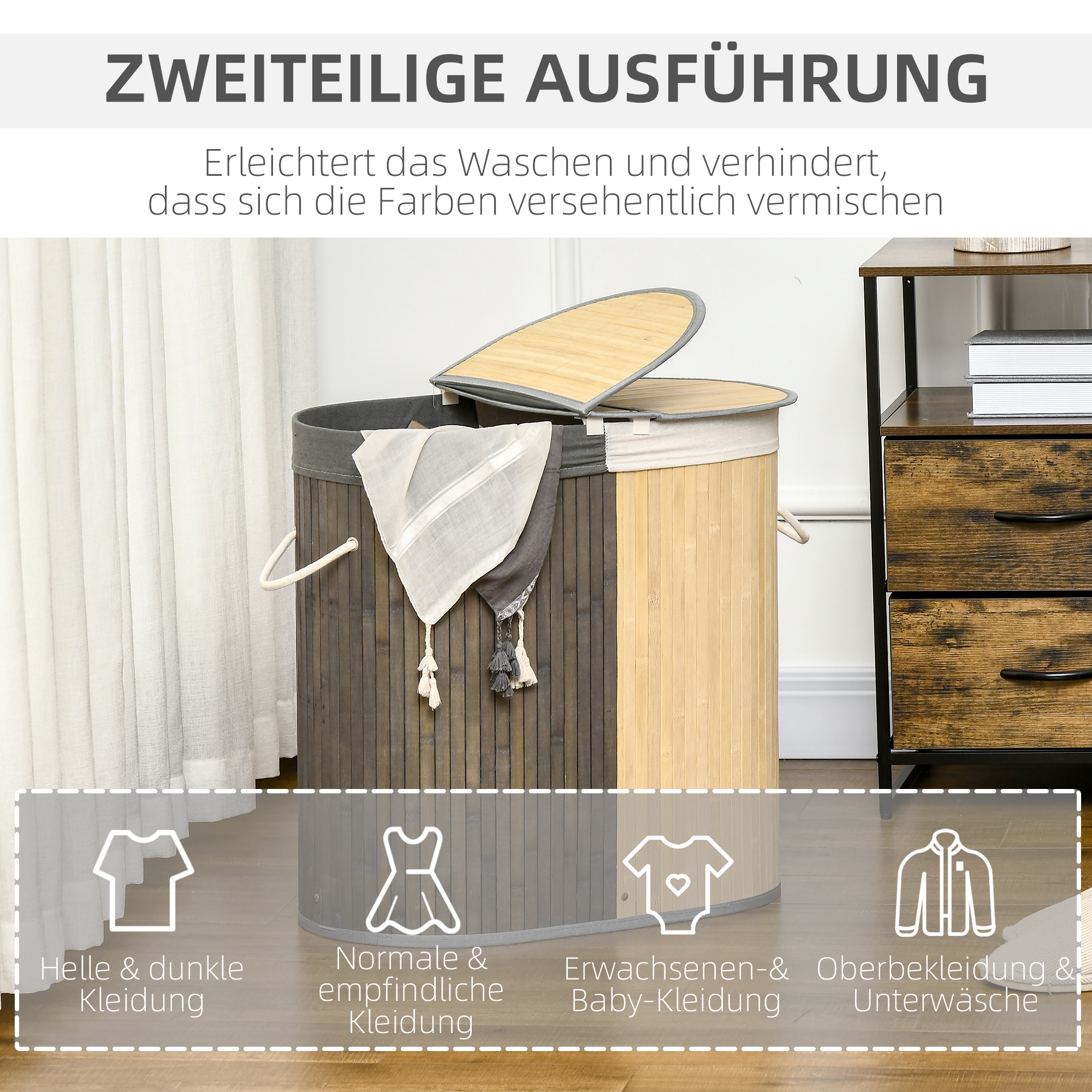 100 L Wäschekorb mit Deckel, Griff, 2 Abschnitte, herausnehmbarer Wäschesack, für Schlafzimmer, Bambus Grau+Natur