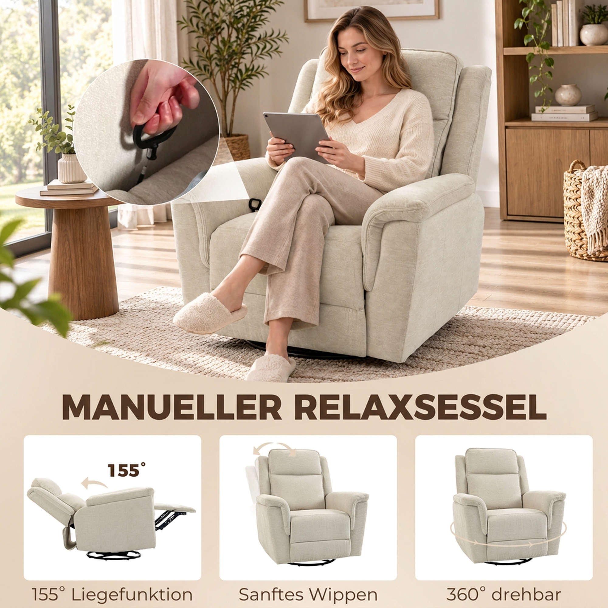 Relaxsessel mit Liegefunktion und Wippfunktion Fernsehsessel mit Fußstütze in Cremeweiß