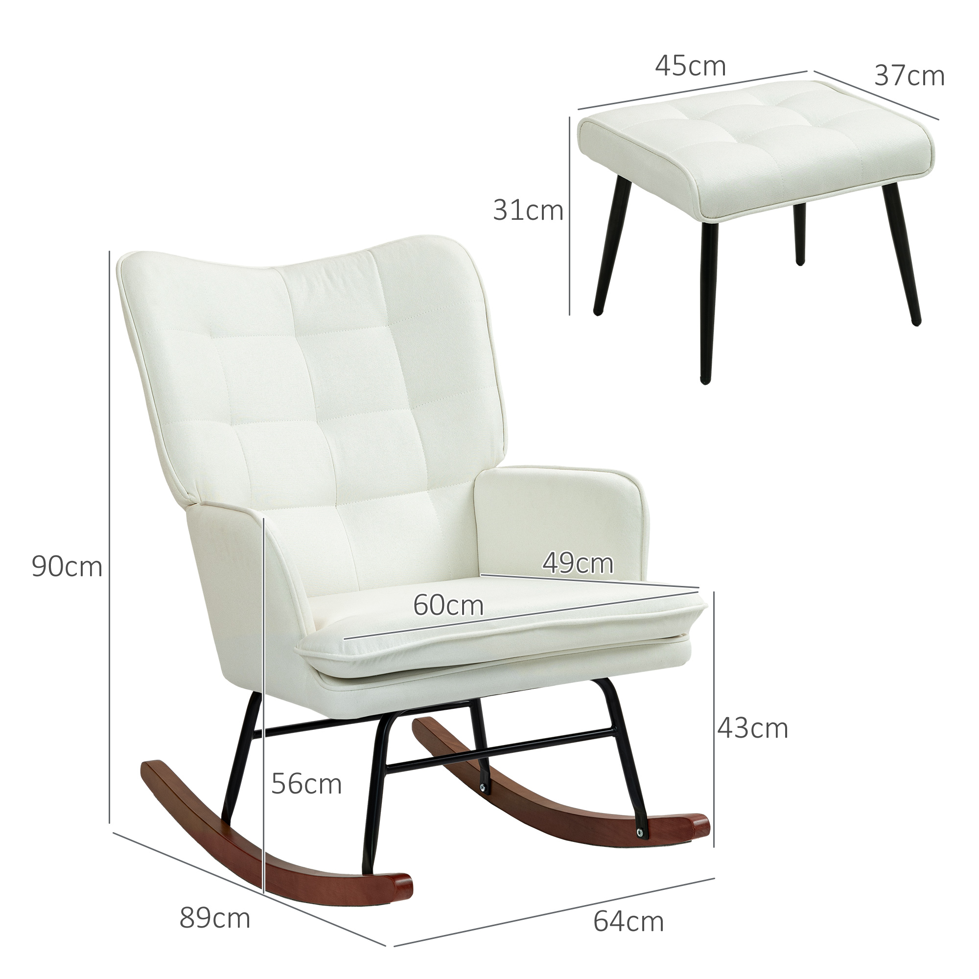 Schaukelstuhl mit Hocker, sanftes Schaukelsystem, Leinenimitat, 64 x 89 x 90 cm, Cremeweiß