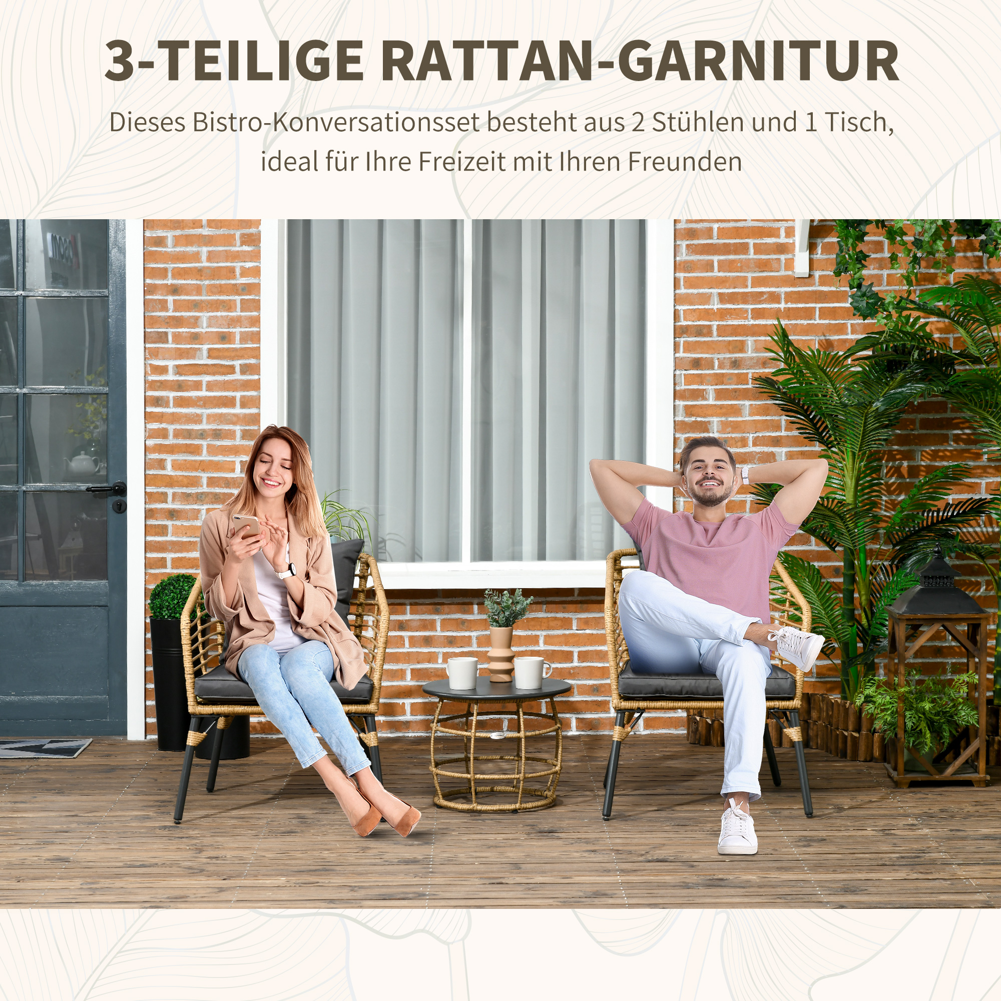 3-teiliges Bistro-Set, wetterbeständig, 1 Beistelltisch, 2 Stühle, 62 cm x 65 cm x 78 cm, Sand+Dunkelgrau