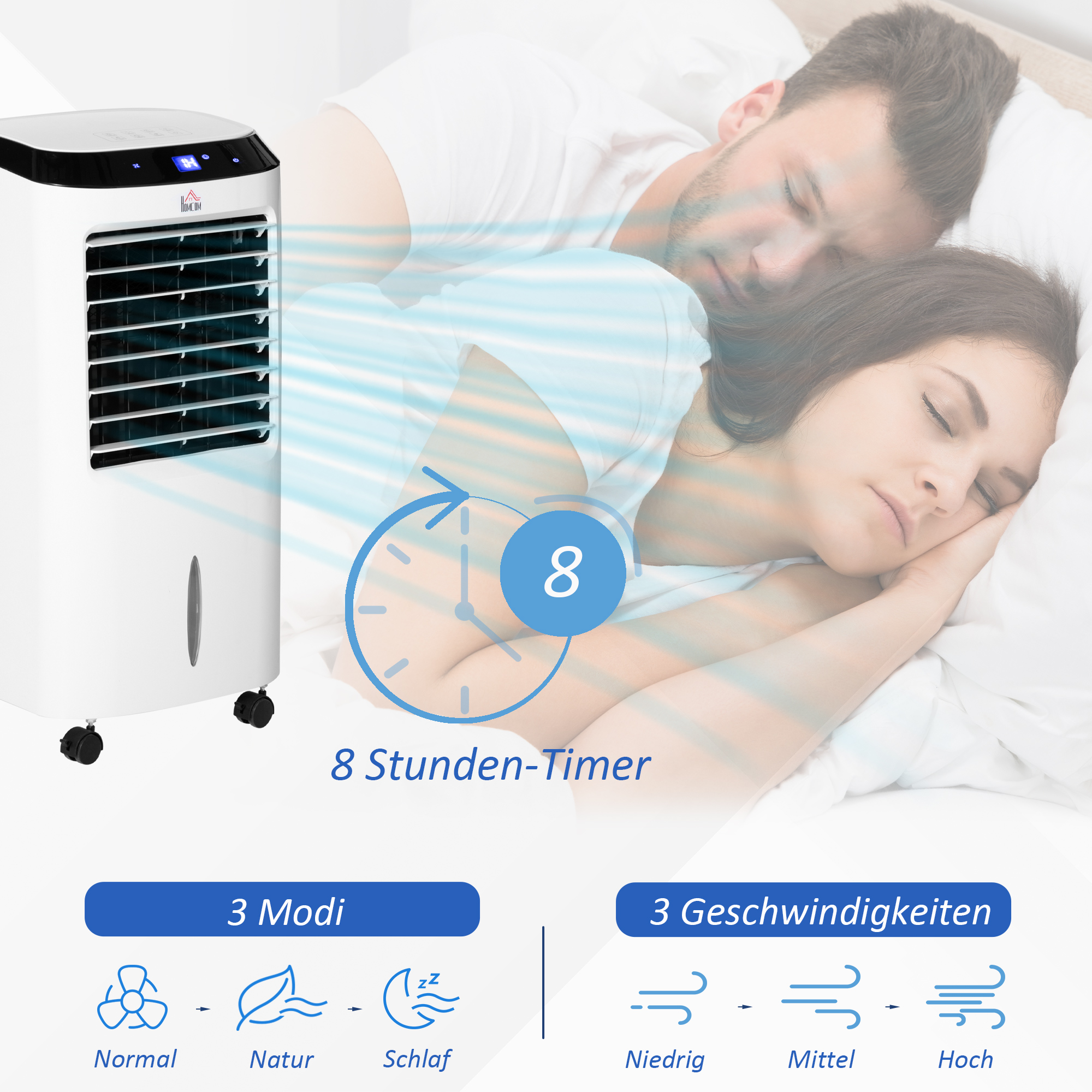 10L 4 in 1 Mobile Klimaanlage mit Luftbefeuchtung Wasserkühlung Klimagerät Luftkühler 8h Timer Fernbedienung Nutzungsraum 20? 60W ABS Weiß+Schwarz 38,2 x 31,6 x 76 cm