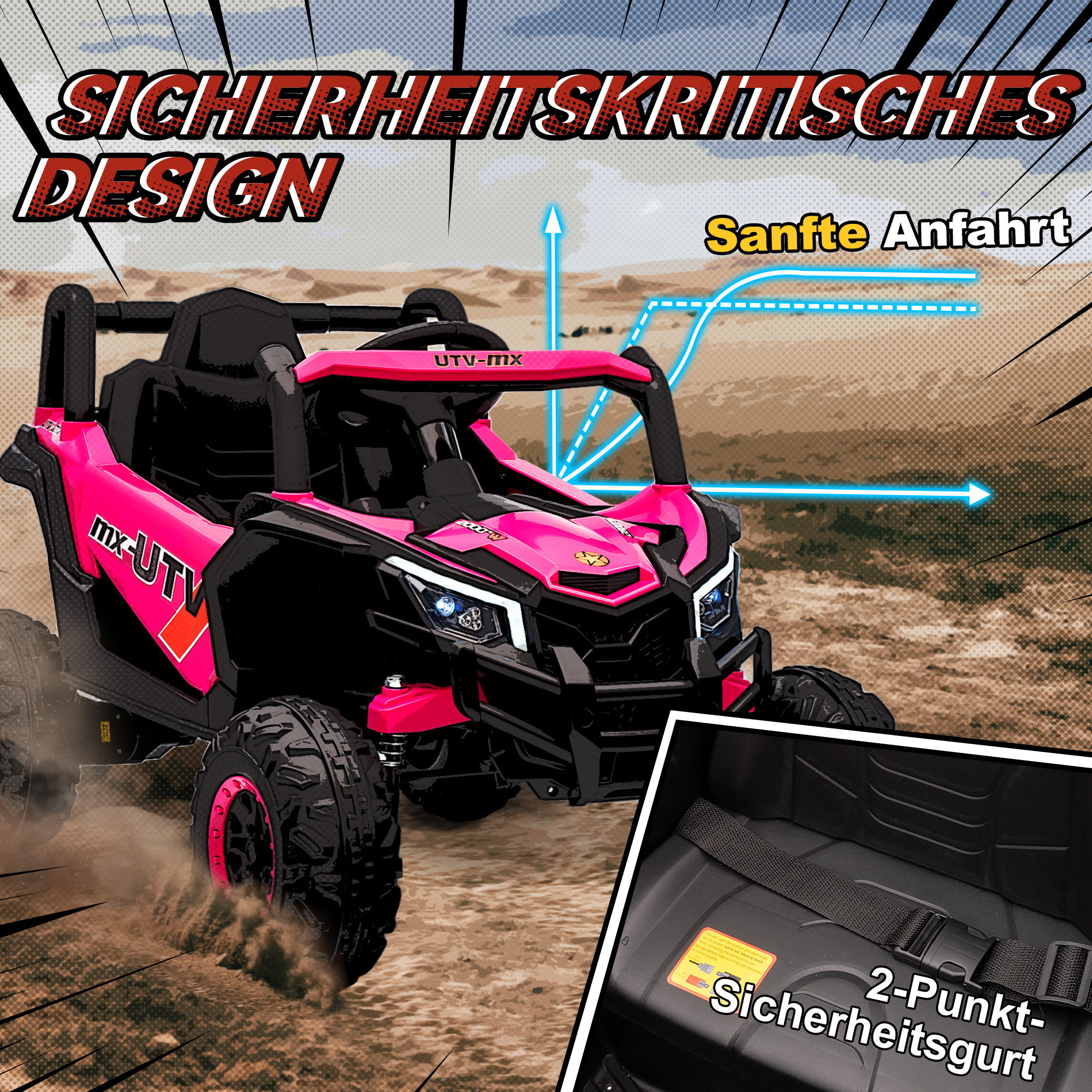 12V Elektroauto für Kinder, Fernbedienungsfunktion, Gurt, Hupe, LED-Lichter, USB-Port, für 3-5 Jahre, Rosa