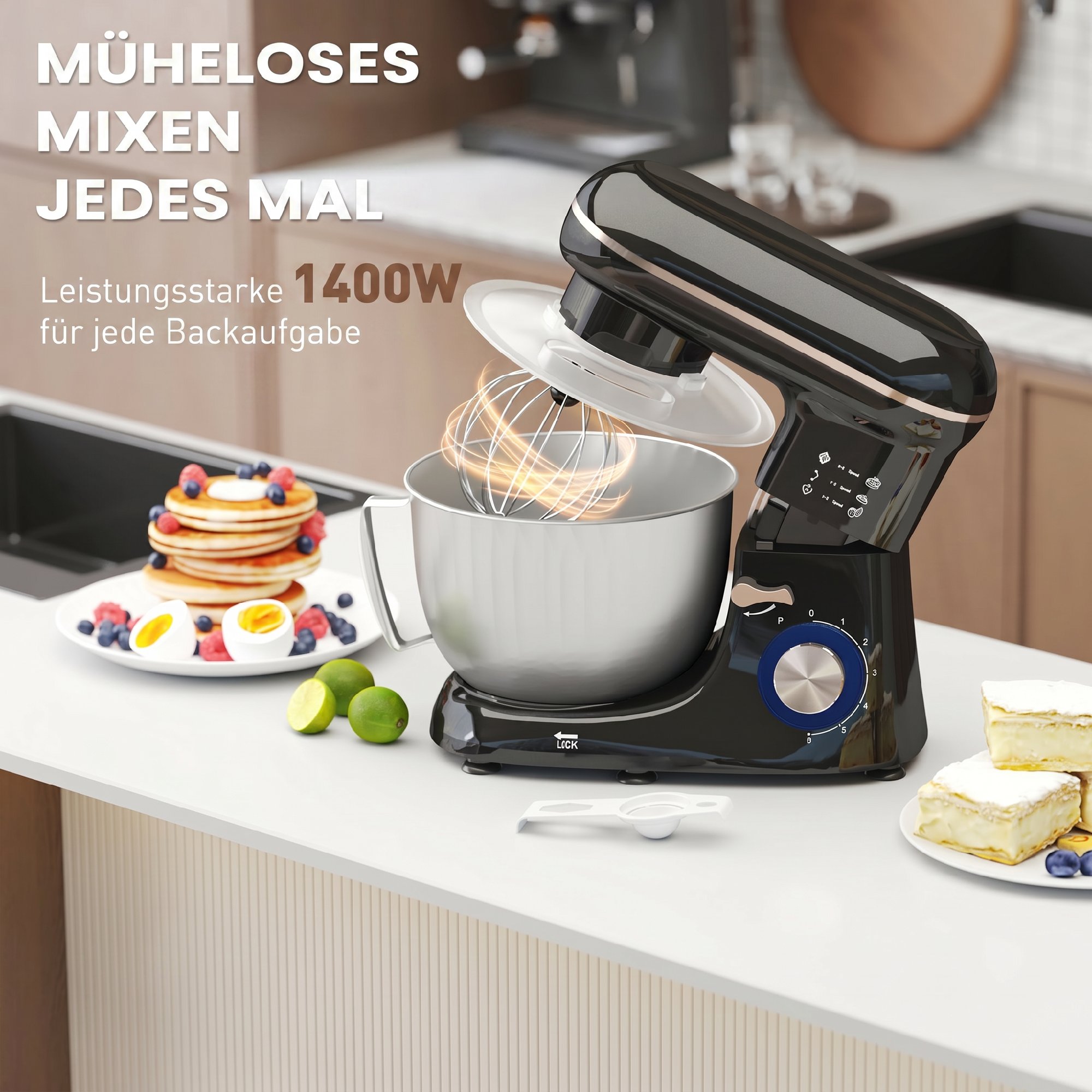 Küchenmaschine Knetmaschine mit 4,5L Edelstahlschüssel 1300W Teigmaschine mit 6+P Geschwindigkeit Beige