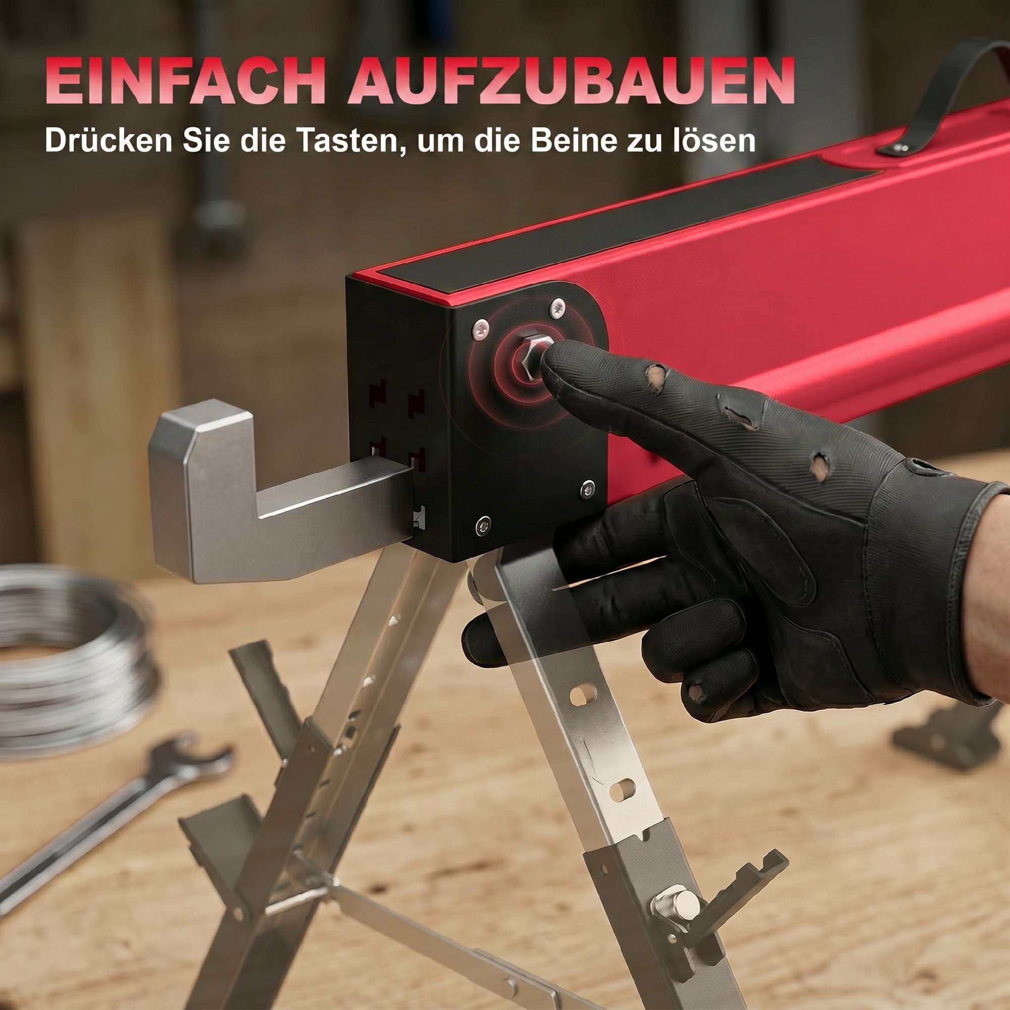 2er Set Arbeitsbock bis 1160 kg klappbar Sägebock 7-fach höhenverstellbar 64-81 cm Gerüstbock aus Metall mit Griff Rot