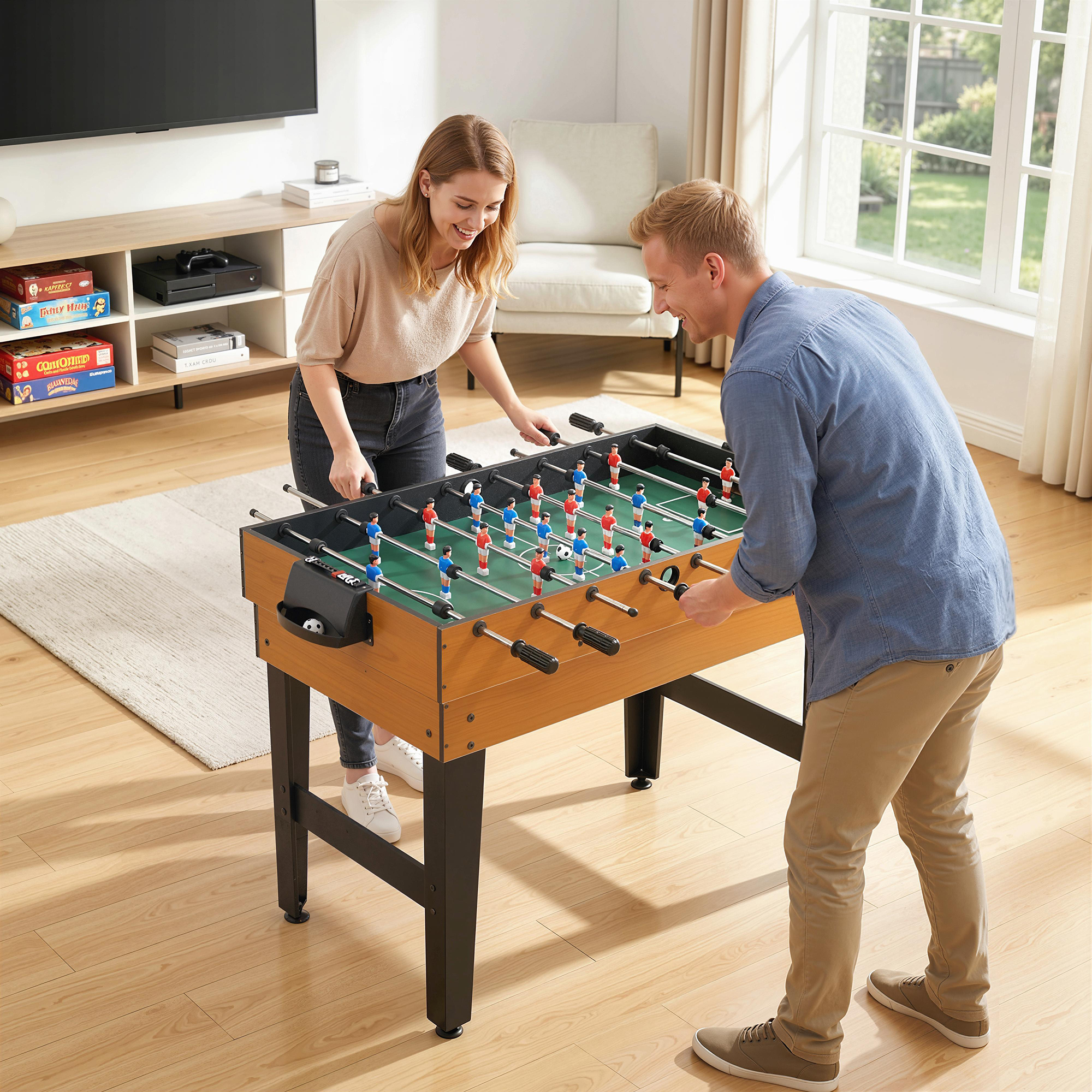 4-in-1 Partyspieltisch inkl. Tischtennis, Kicker, Billard, Tischhockey, Metall, Holz, Natur+Schwarz