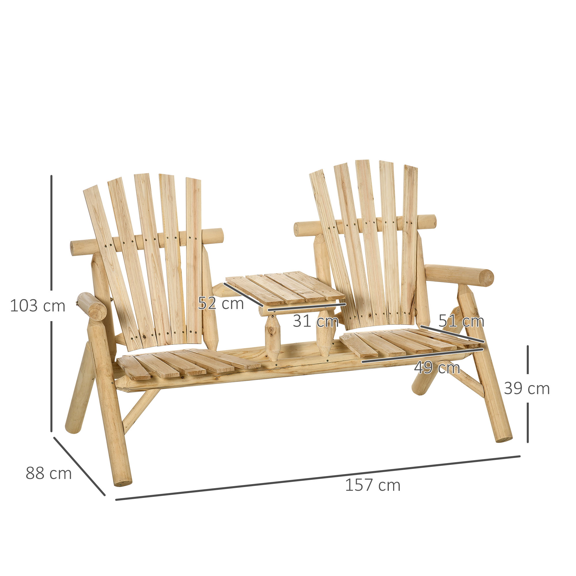 Gartenbank-Kombination für 2 Personen, integrierter Tisch, Naturholz, 157 x 88 x 103 cm