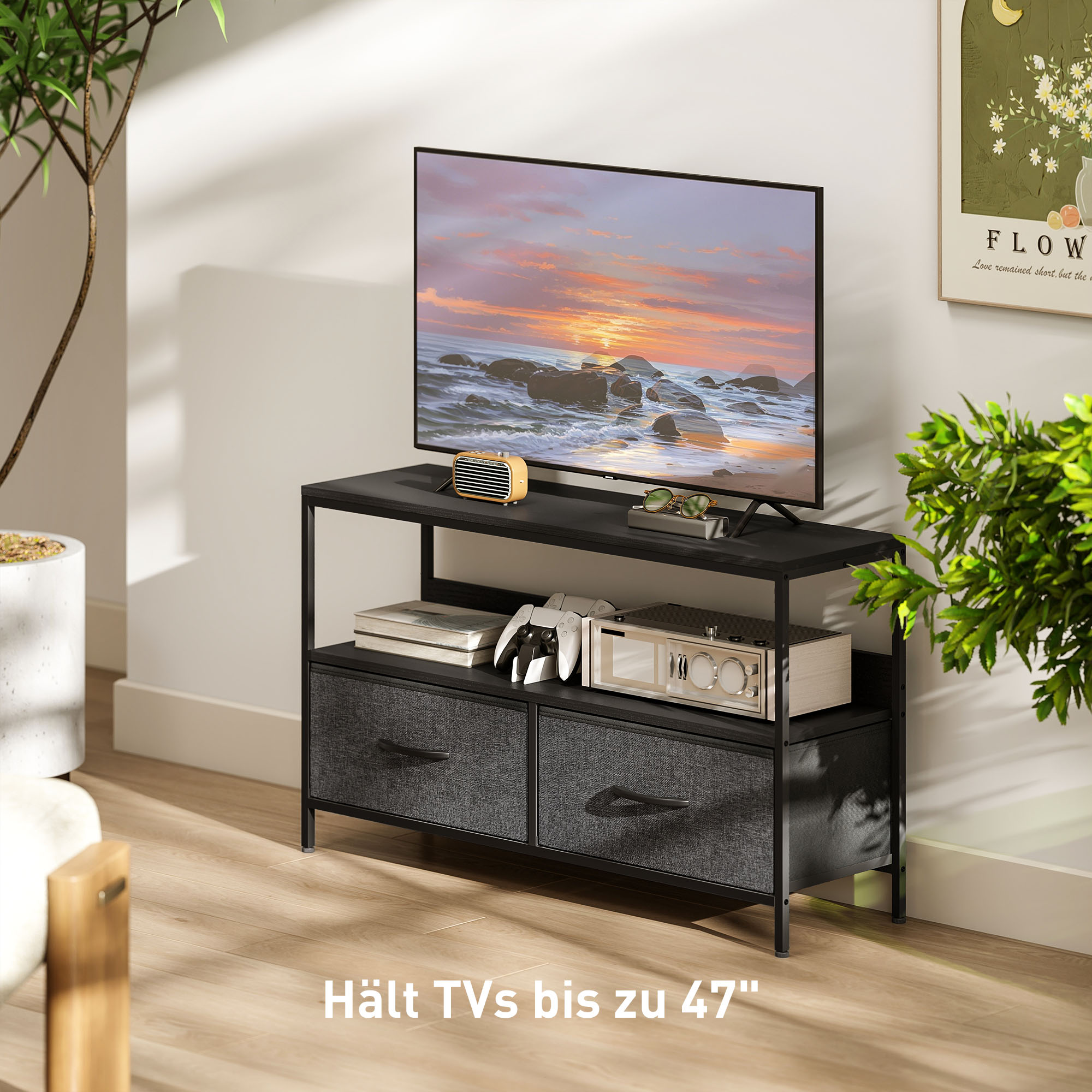 TV Schrank Lowboard mit 2 Schubladen, offenem Fach, für Fernseher bis 47 Zoll, 98 x 29 x 56 cm, Schwarz+Dunkelgrau