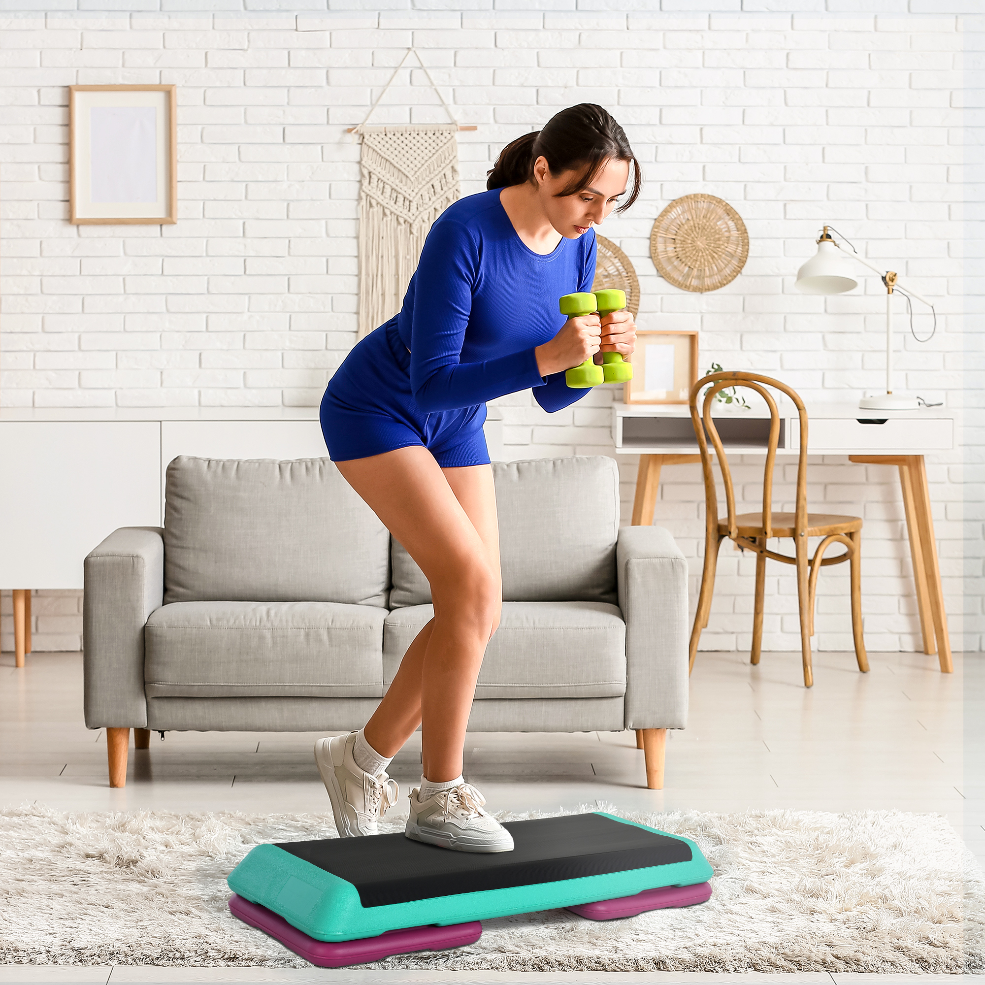 Steppbrett höhenverstellbar Fitness Stepper 3 Stufen (10/15/20 cm) Rutschfest Stepbench für Zuhause Fitnessstudio Büro Kunststoff Schwarz+Grün+Violett