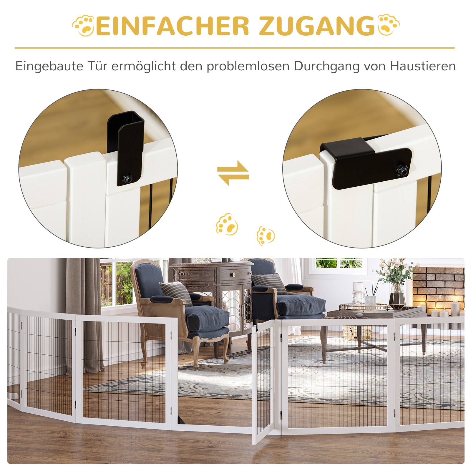Absperrgitter für Hunde, klappbar, 432 x 36 x 70 cm, Kiefernholz, Weiß