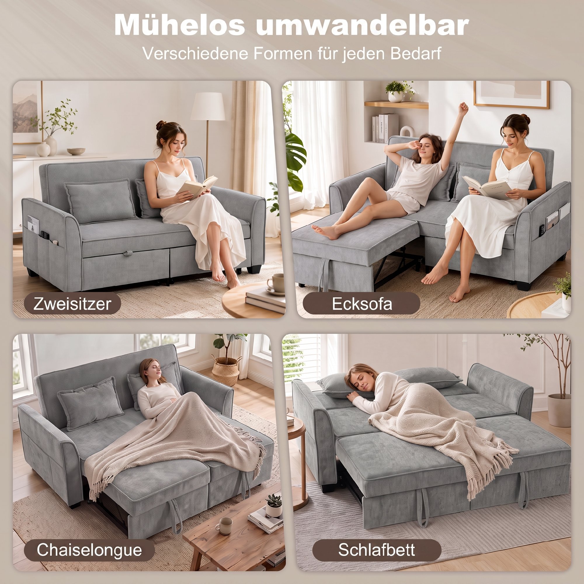 2-Sitzer-Schlafsofa, 4-in-1 L-förmiges Ausziehsofa mit verstellbarer Rückenlehne und Seitentaschen, Grau