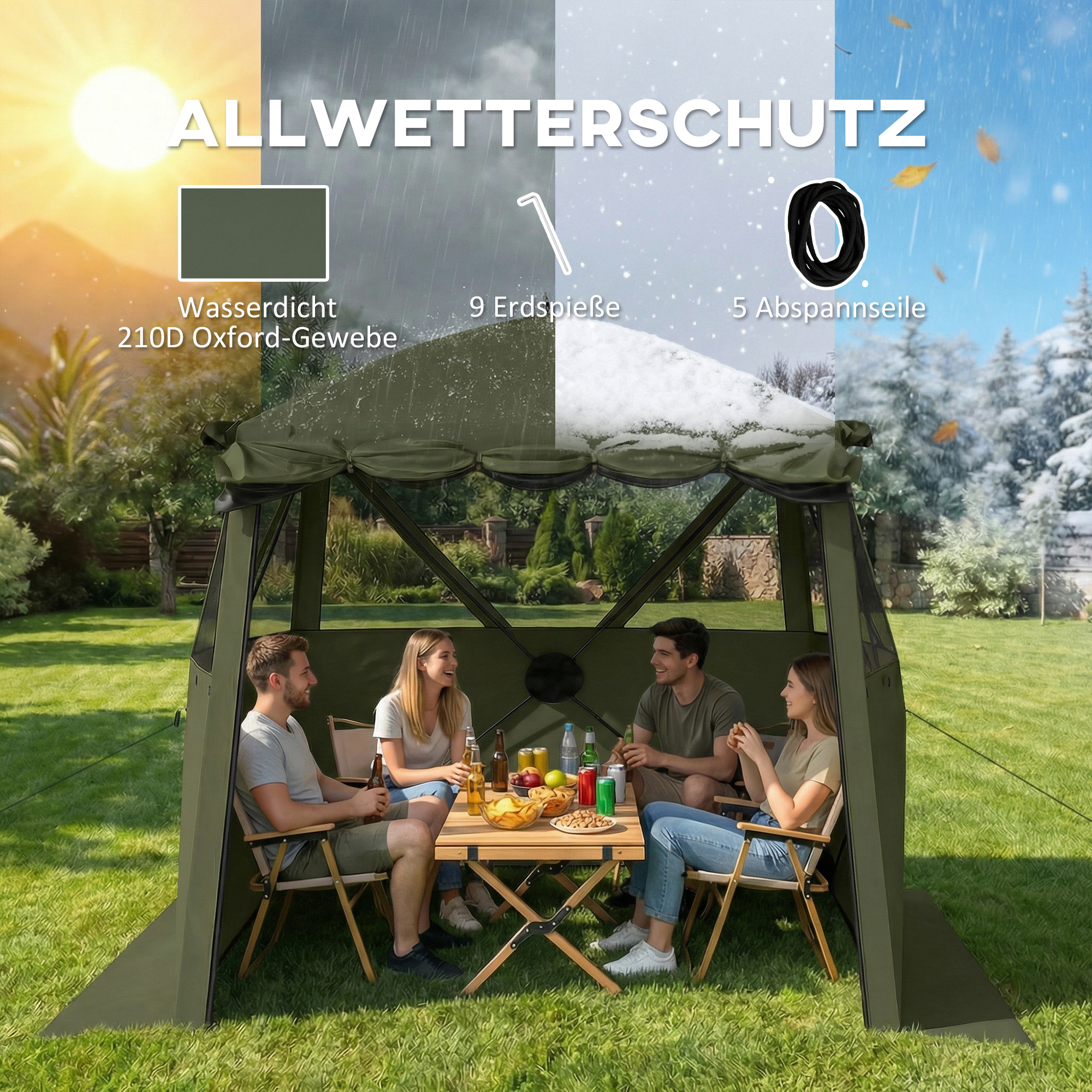 Pavillon 2x2m Wasserdicht Stabil Winterfest Pop-up Faltpavillon mit 4 Seitenteilen Netzfenstern Vortür UV 30+