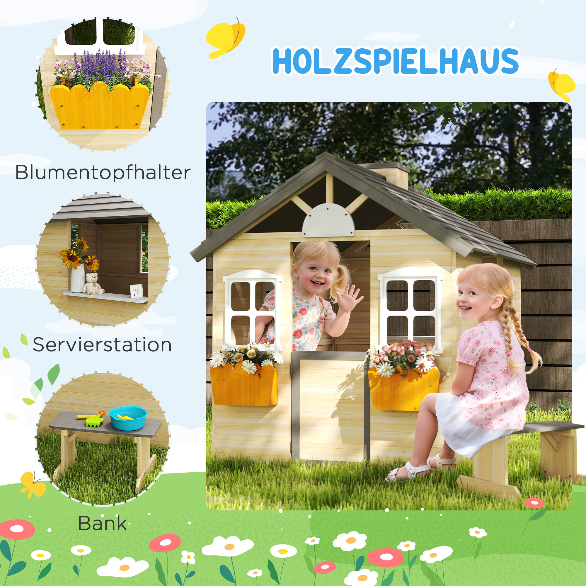 Spielhaus Kinderspielhaus aus Holz mit Tür Fenster Briefkasten Blumentopfrack Gartenhaus für Jungen und Mädchen 3-7 Jahre Kinderspielzeug für Outdoor & Indoor Natur