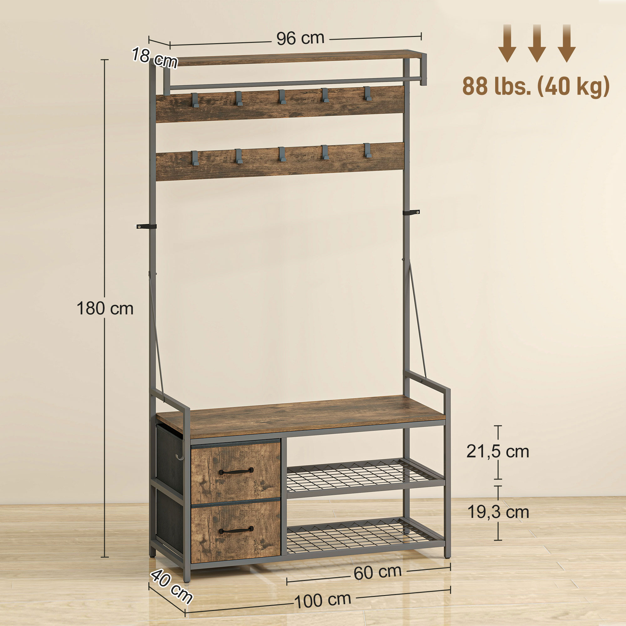 6-in-1 Garderobenständer mit Schuhregal, Industrie-Stil, 10 Haken, 2 Stoffschubladen, Metall, Braun