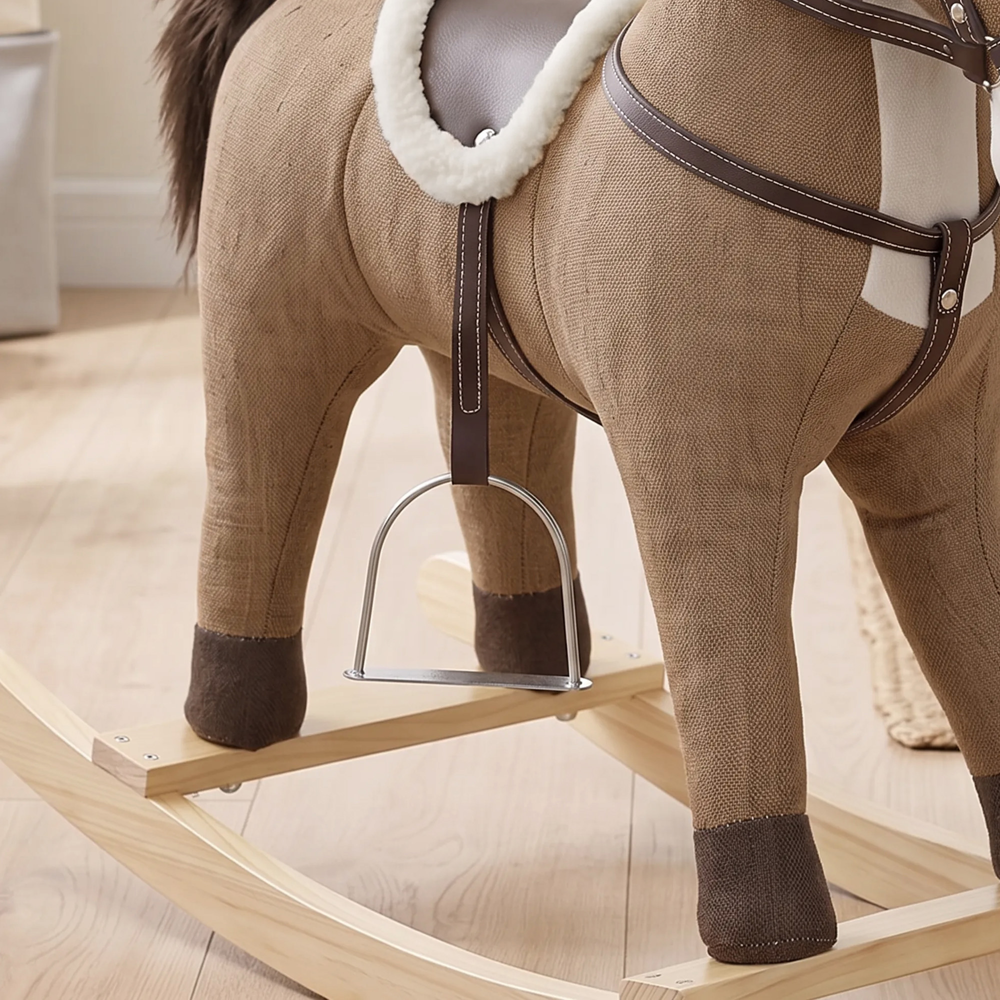 Schaukelpferd mit Sound und Sicherheitsgriffen, Reitpferd mit Holzgestell für Kleinkinder von 12–36 Monaten, Dunkelbraun