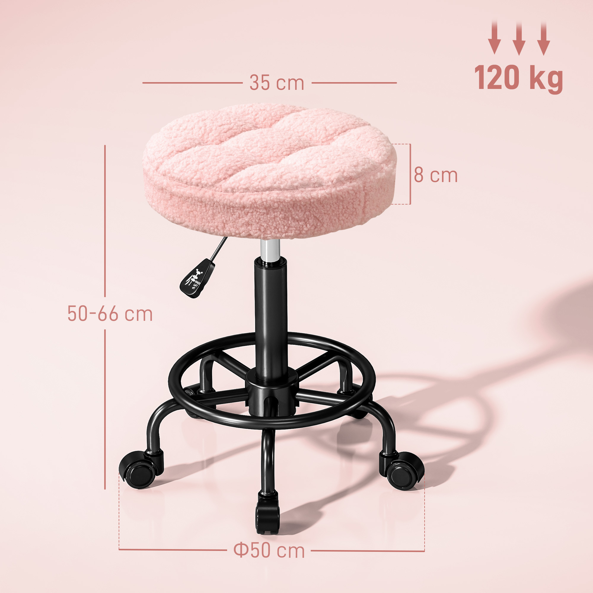Rollhocker höhenverstellbar Drehhocker 55-66 cm Arbeitshocker 360° drehbar Ø50 x 50-66 cm Rosa