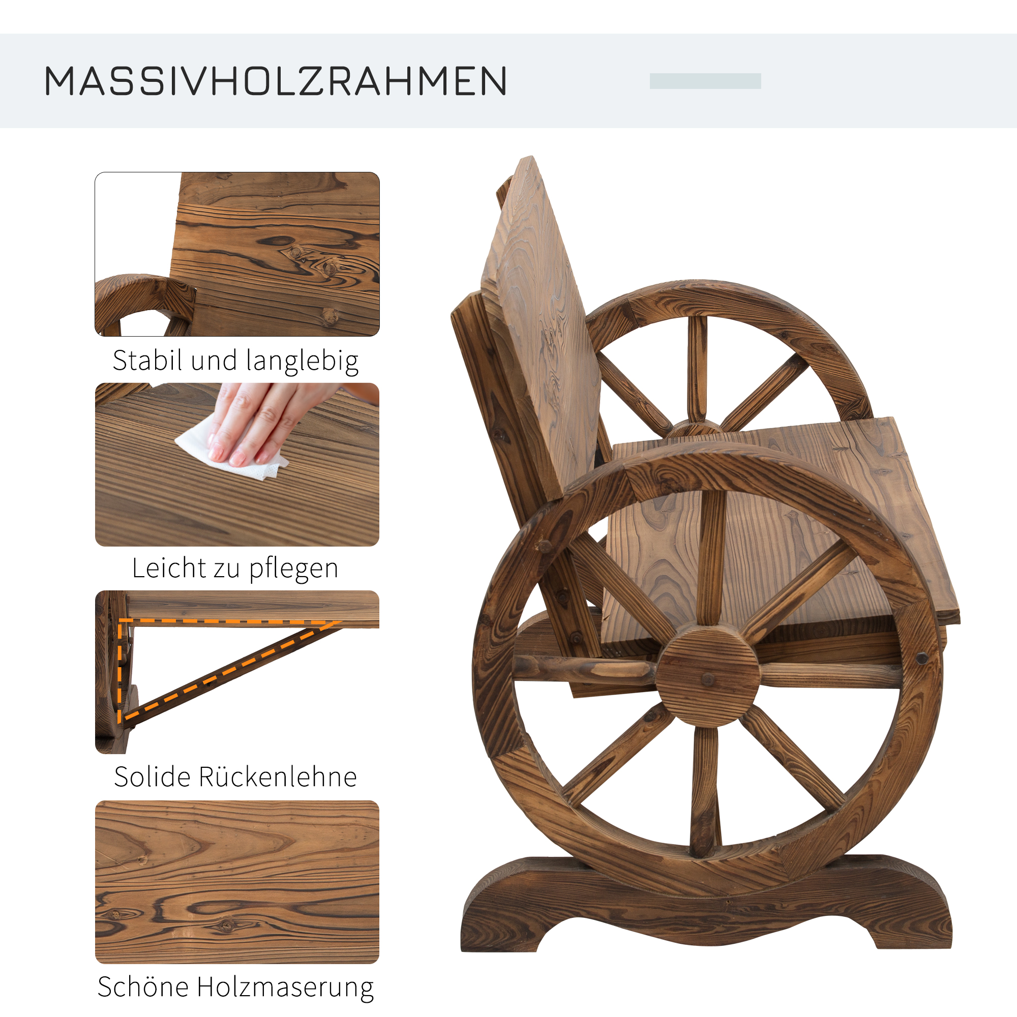 2-Sitzer Gartenbank Massivholz mit Armlehne, Sitzbank mit Wagenräder-Design, Gartenmöbel 250kg belastbar, Rustikale Bank, 114 x 58 x 80 cm, Braun