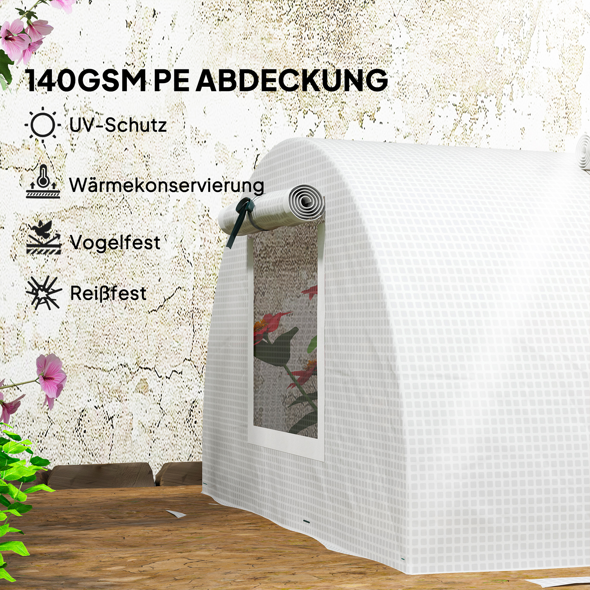 Foliengewächshaus, Mini-Tunnelgewächshaus mit Netz-Fenster, UV-beständig, Kunststoff-Folie, 200 x 80 x 45 cm, Weiß