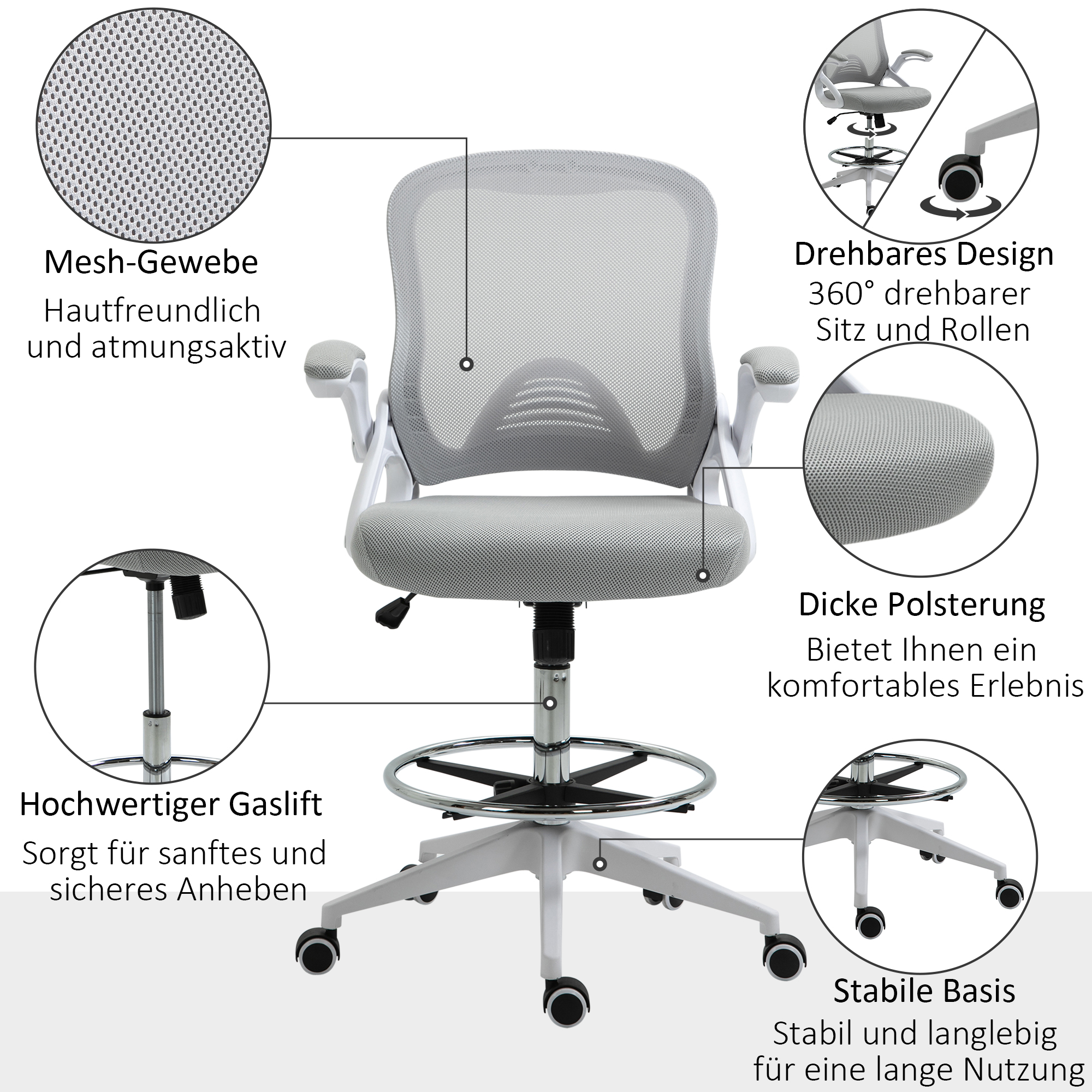 Bürosessel, Schreibtischstuhl, Stehfunktion, mit Fußablage, drehbarer Sitz, Stahl, schwarz, 64 x 60 x 106-126cm