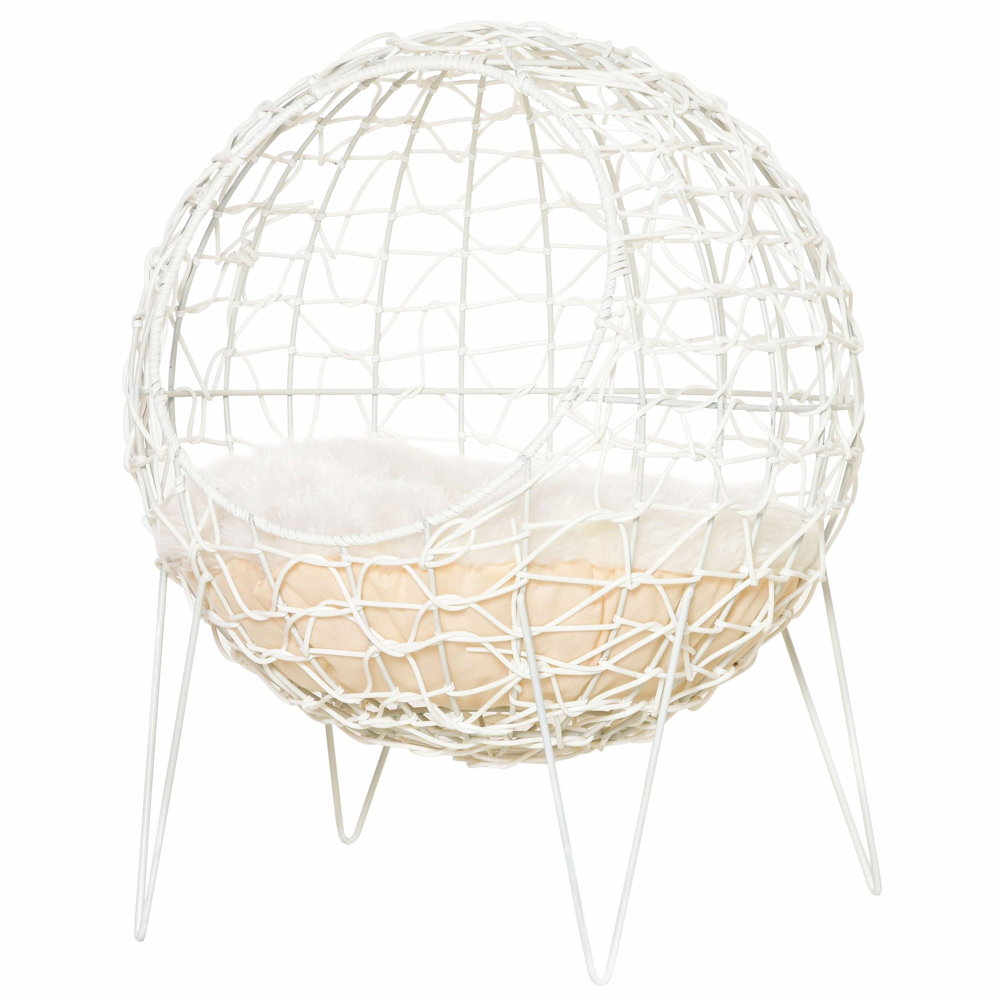Rattan Katzenkorb Katzenhöhle Katzenhütte Katzenbett mit Kissen erhöhtes Design Haustierbett Cremeweiß Ø45 x 57H cm